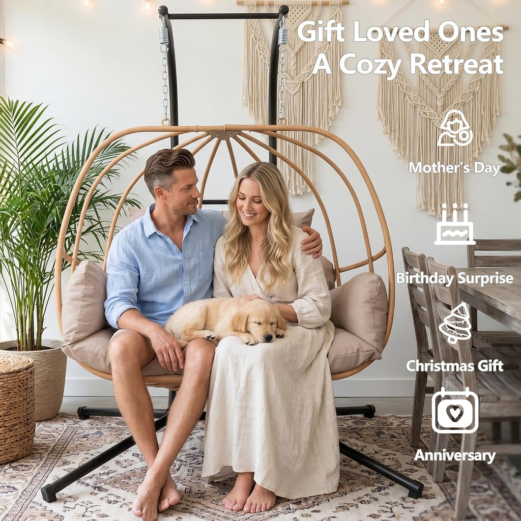 Double Egg Chair Outdoor, Egg Swing Chair with Stand, Hanging Swing Chair Outdoor with Cushions/Headrest, 80' H Hanging Chairs with Stand Indoor, Metal Basket Swing Egg Chairs for Deck, Brown