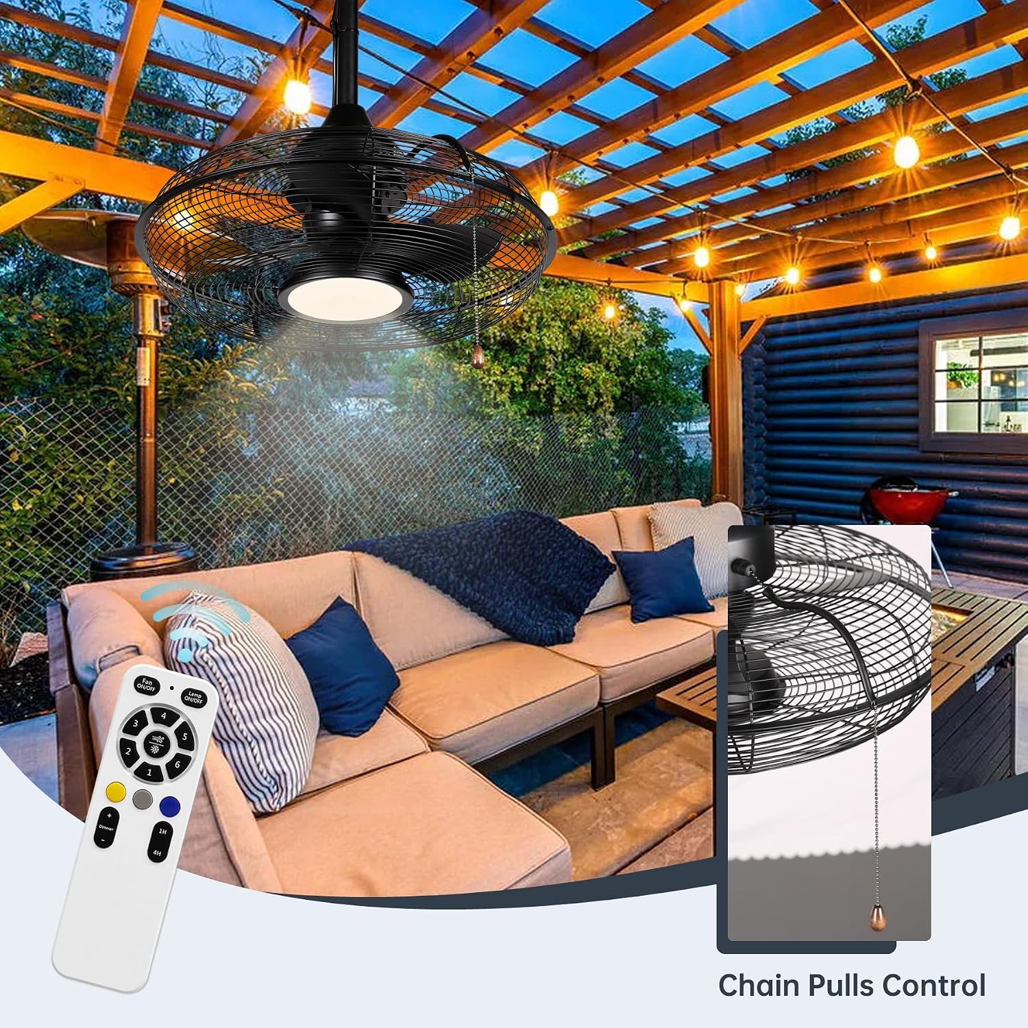 OFANTOP 20' Plug in Ceiling Fan for Outdoor Gazebo, Wet Rated Patio Fan with Remote & Dimmable LED Light, 6 Speeds Hanging Fan for Pergola Porch, Black