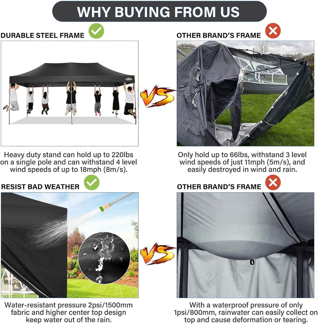 COBIZI 10x20 Pop up Canopy Tent 10x20 Canopy with 6 Sidewalls Waterproof Heavy Duty Commercial Canopy Tent for Parties Outdoor Garden Gazebo, Carry Bag with Wheel(10x20ft, Black)
