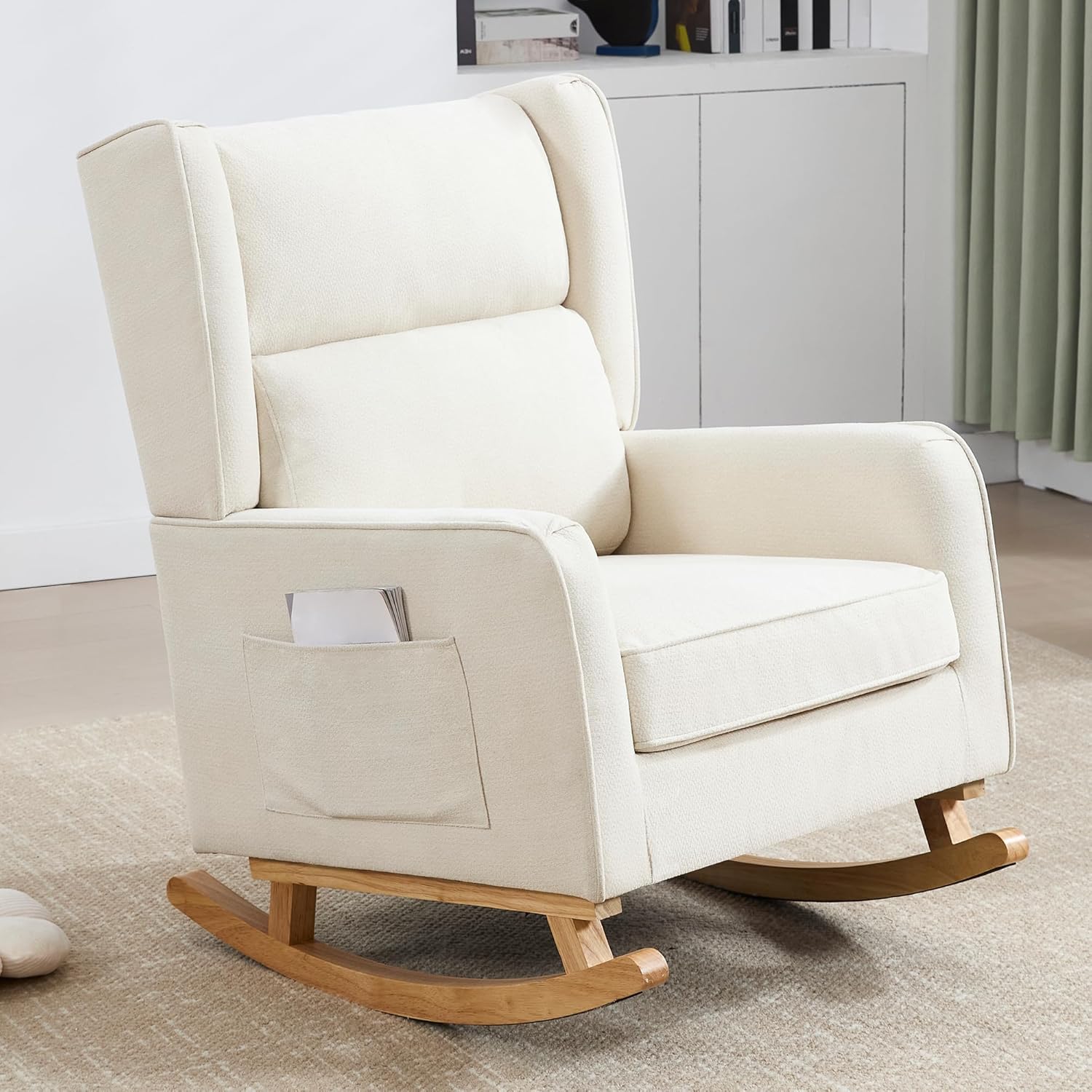 HCHAIRH Nursery Rocking Chairs, Rocking Chair Nursery for Mom Nursery Rocker with High Backrest and Solid Wood Legs, Beige Modern Wingback Accent Chairs for Reading Living Room Bedroom