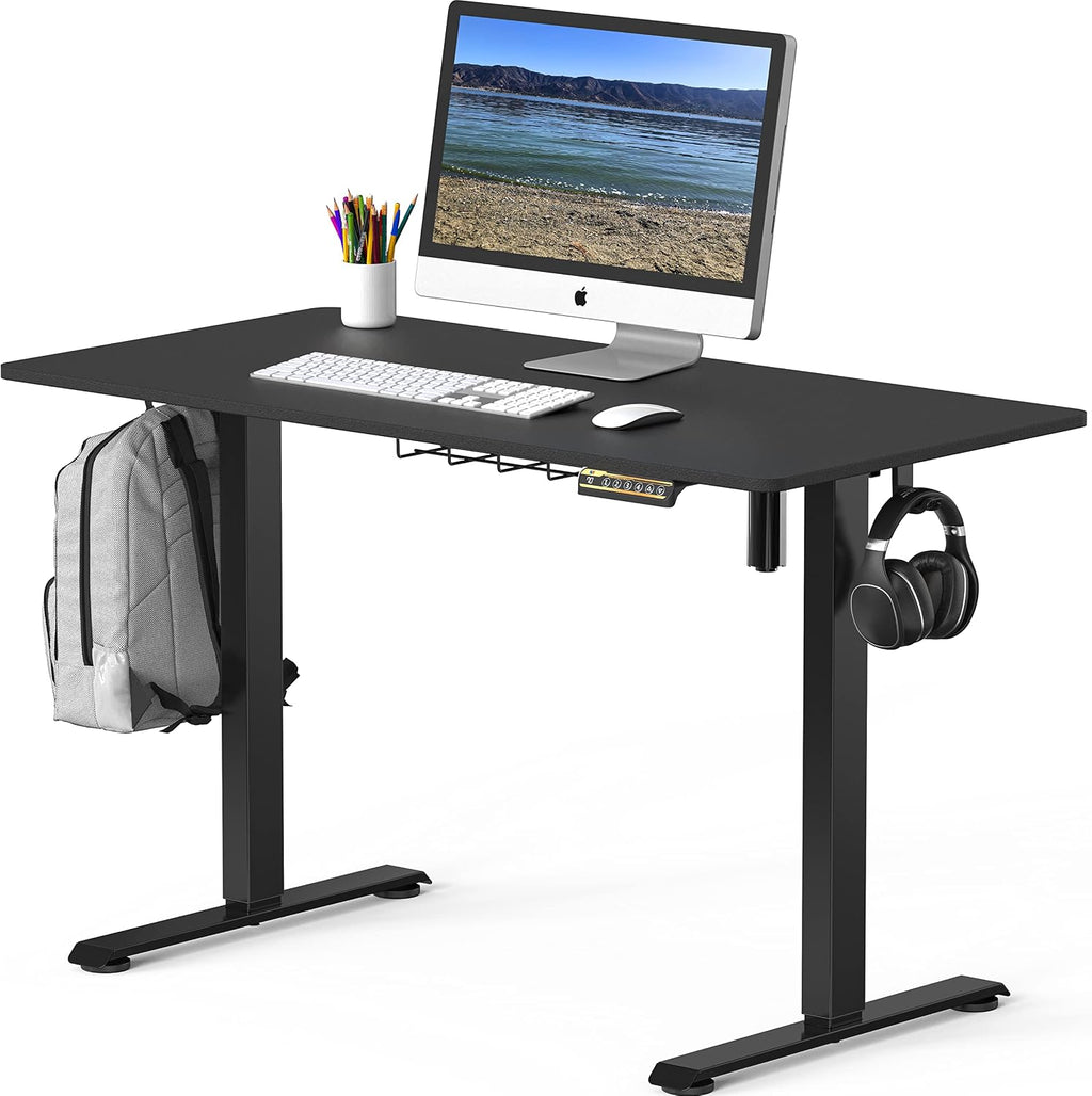 SHW 48-Inch Electric Height Adjustable Sit to Stand Desk with Hanging Hooks and Cable Management, Black Frame and Black Top