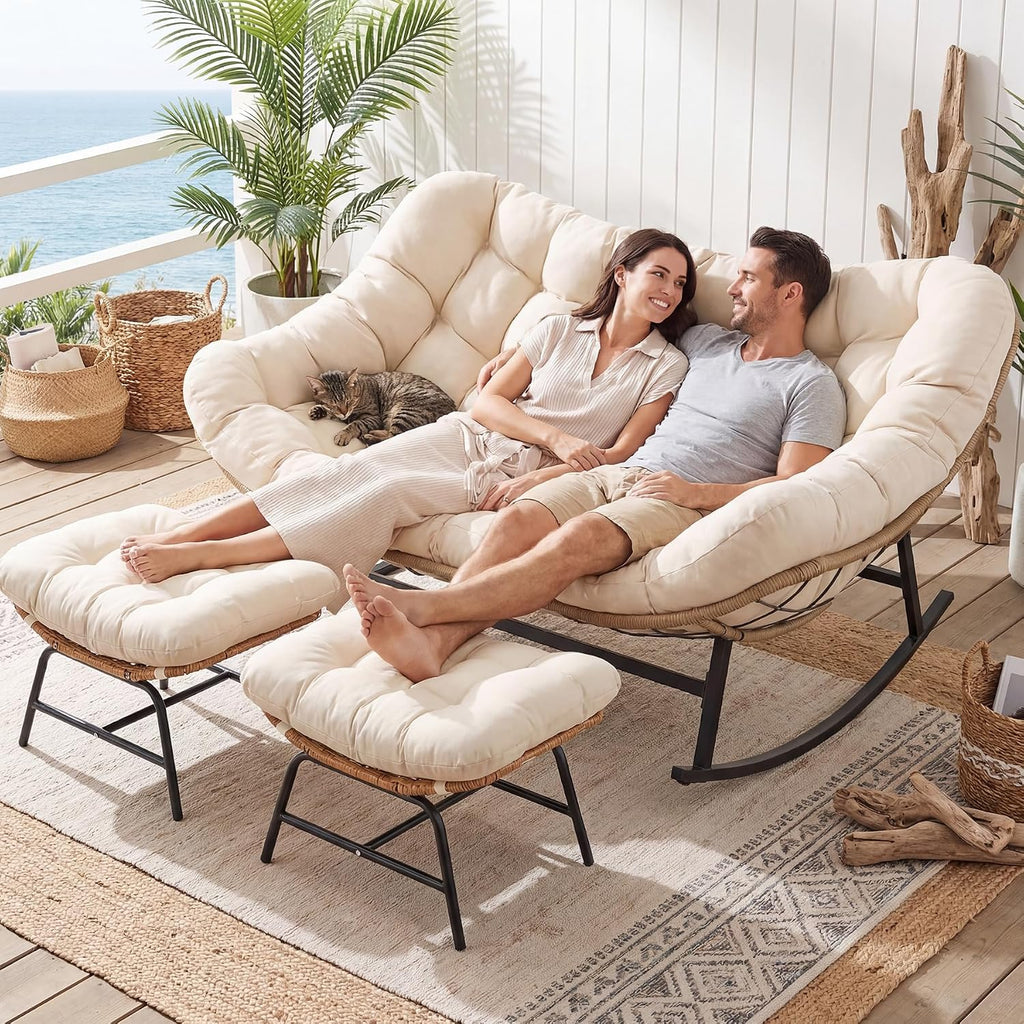 RADIATA Double Egg Rocking Chair with Ottomans, Heavy Duty Papasan Lounger Chairs with Comfy Cushion and Footrest, 2 Person Indoor Outdoor Rocker Loveseat for Patio Balcony Backyard, Beige
