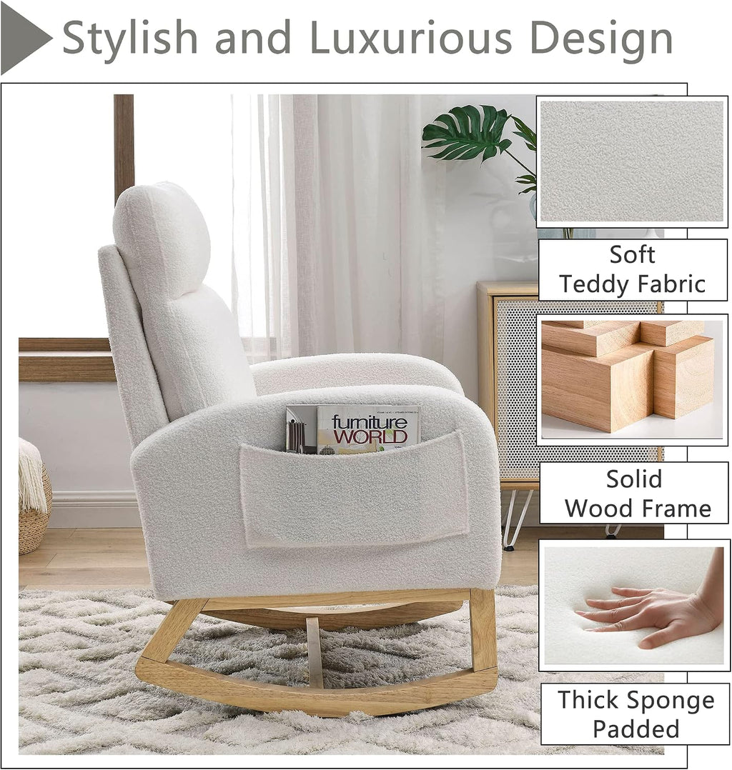 Nursery Rocking Chair with Solid Wood Legs, Glider Chair for Nursery with Two Side Pockets, Rocker Armchair for Living Room Bedroom (Ivory White, Teddy Fabric)