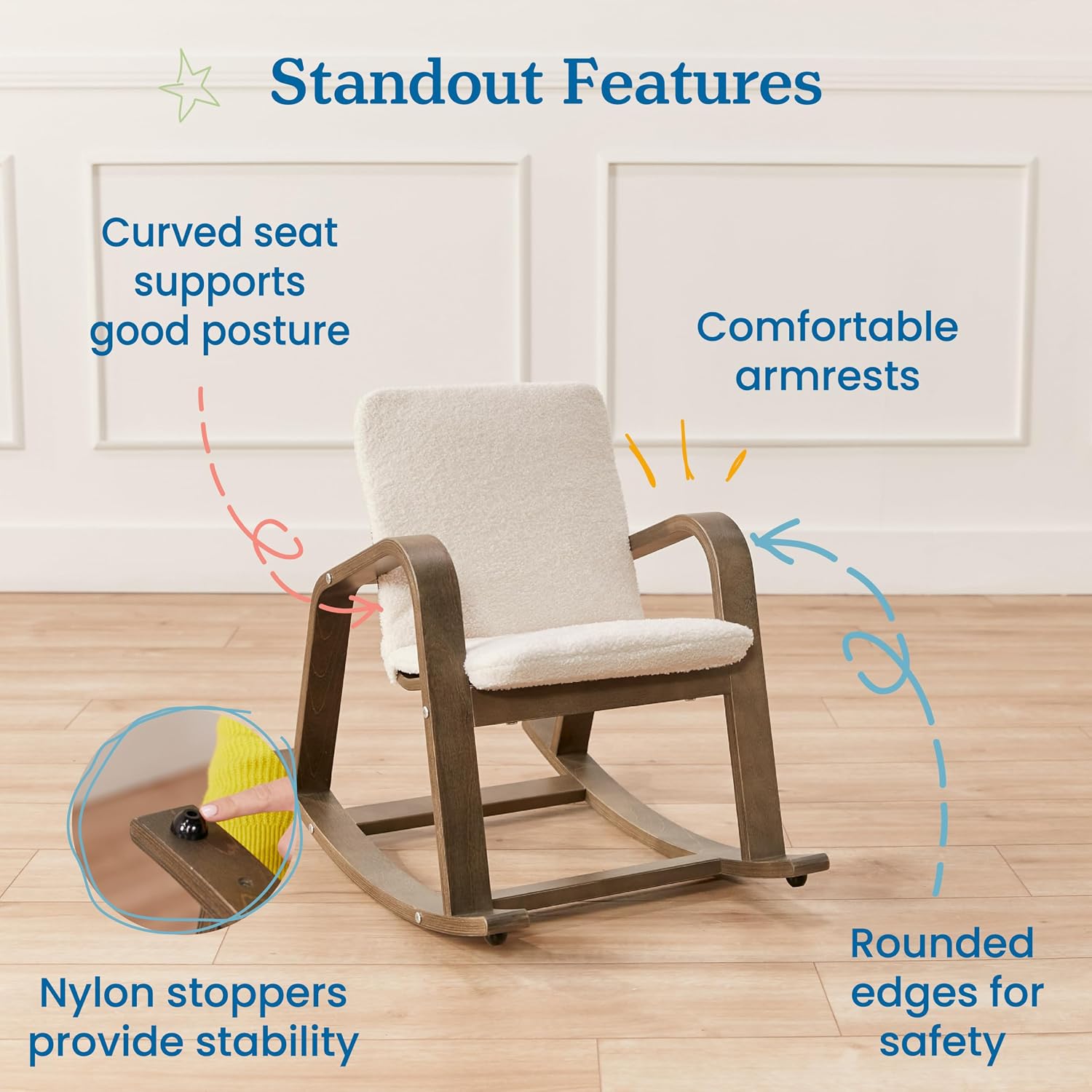 ECR4Kids Bentwood Reading Rocking Chair with Armrests and Cushion, Montessori Furniture, Grey Wash