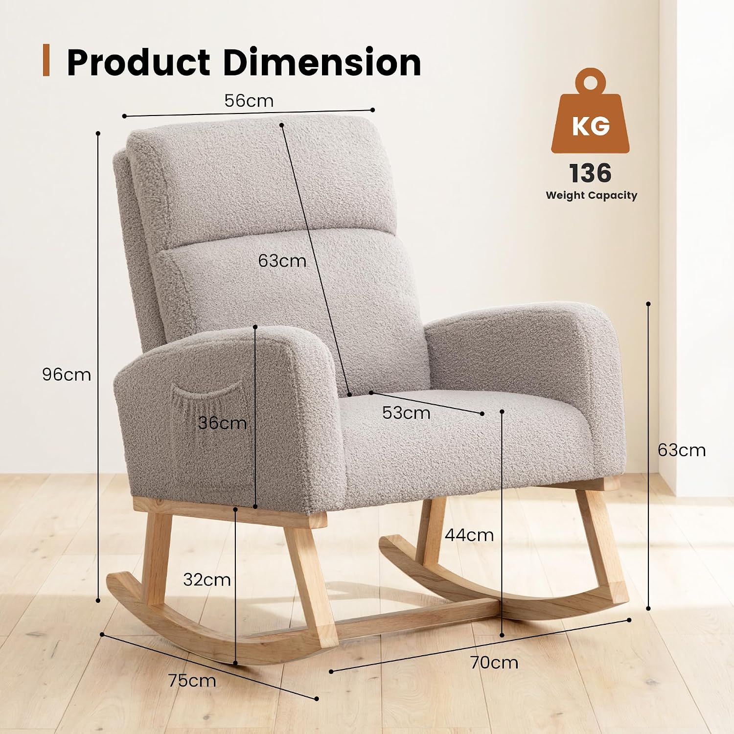 Rocking Chair Nursery, Nursery Rocker Chairs for Mom with High Backrest and Solid Wood Legs, Teddy Modern Glider Chairs for Nursing Living Room Bedroom, Light Grey