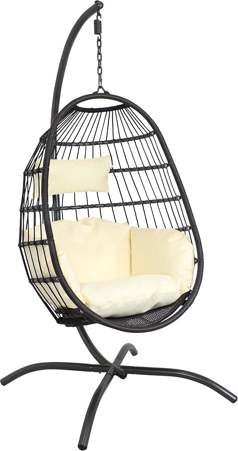 Sunnydaze Penelope Hanging Egg Chair with Cream Seat Cushions and Steel Stand - Black Wicker Chair - 78-Inch