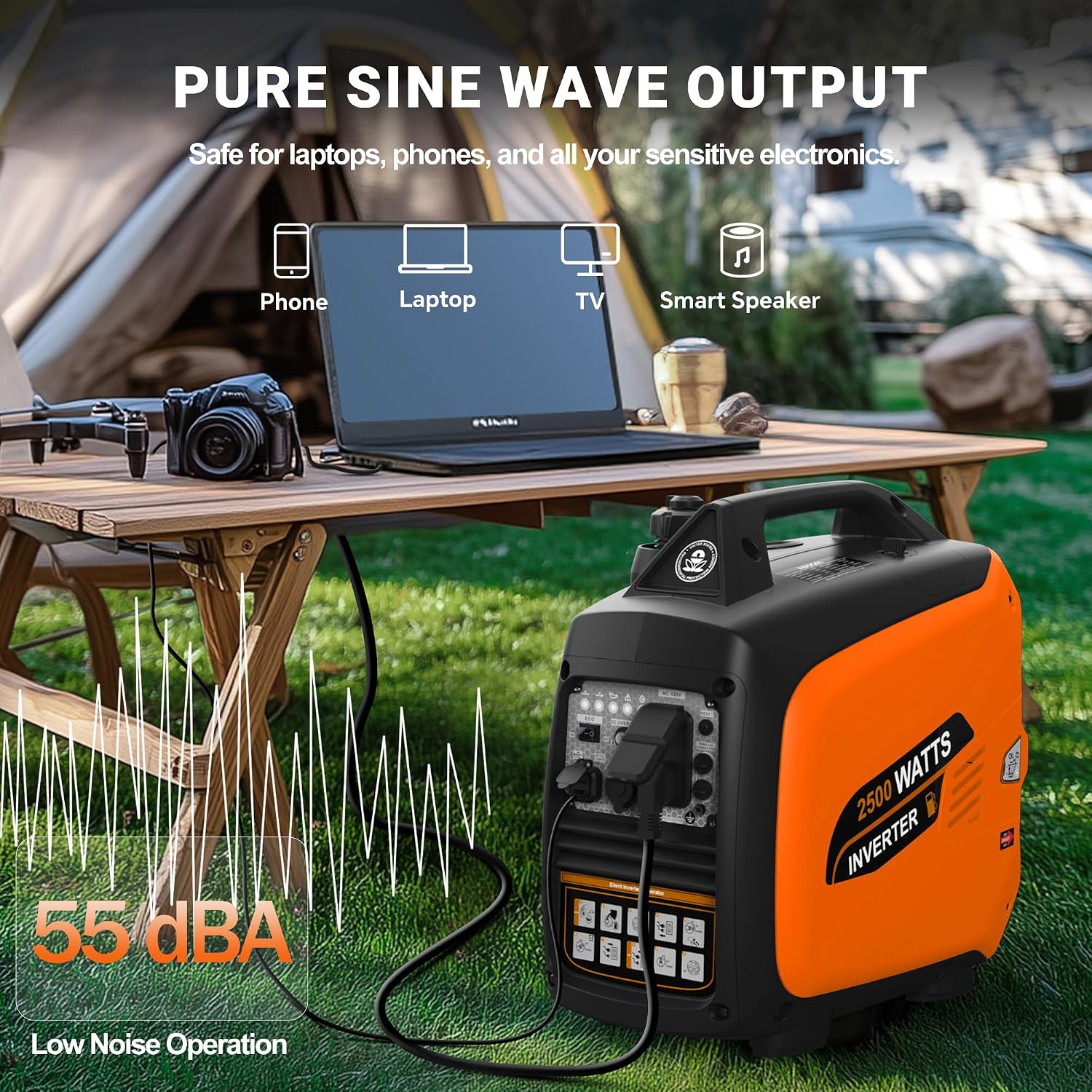 2500 Watt Portable Inverter Generator, Ultra-Quiet Long Runtime Gas Generator with CO-Sensor Fuel Off, Parallel function, for Camping, Tailgating, Home Emergency Use, EPA Compliant (Orange)