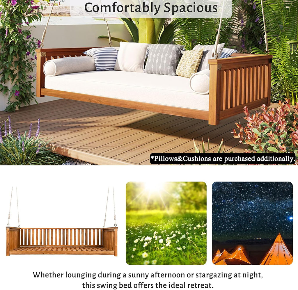 Minimalist 2-Person Acacia Wood Swing Bed, Patio Porch Swing with Ropes for Backyard Garden, Safe Sloped Design (Teak/Acacia)