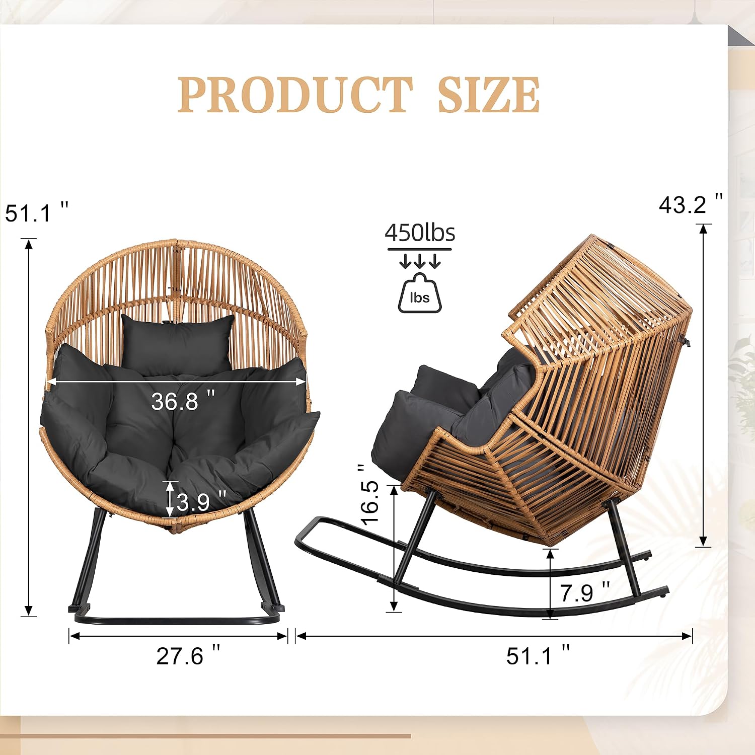 Vongrasig Wicker Rocking Egg Chair PE Rattan with Cushion, Oversized Patio Lounge Rocker Chair for Outdoor, Indoor, Balcony, Backyard, Garden, Black