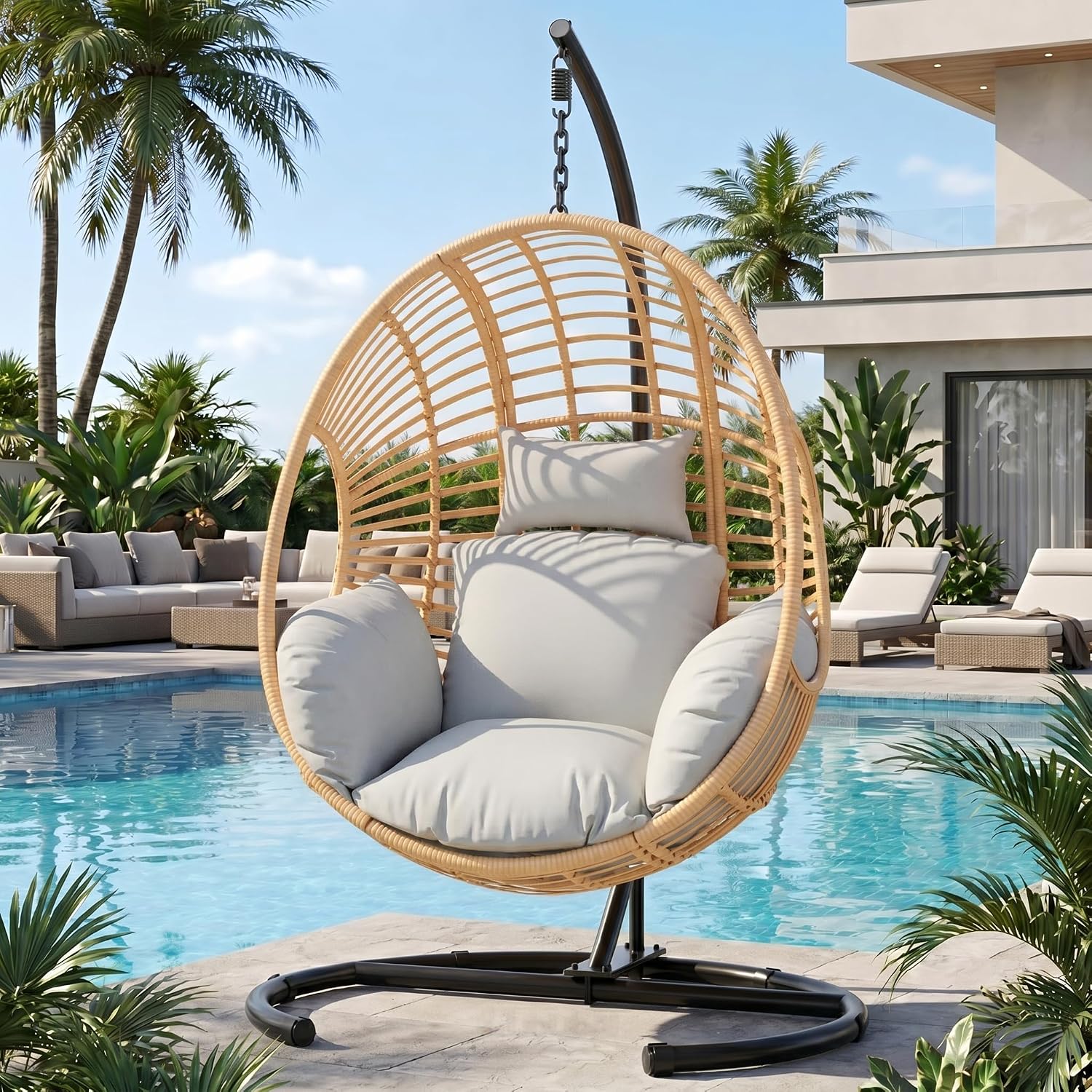 Oversized Hanging Egg Chair Outdoor Indoor, Wicker Swing Egg Chair with Stand 400lbs Capacity for Bedroom, Patio, Garden and Balcony (Beige-Regular, Oversize)