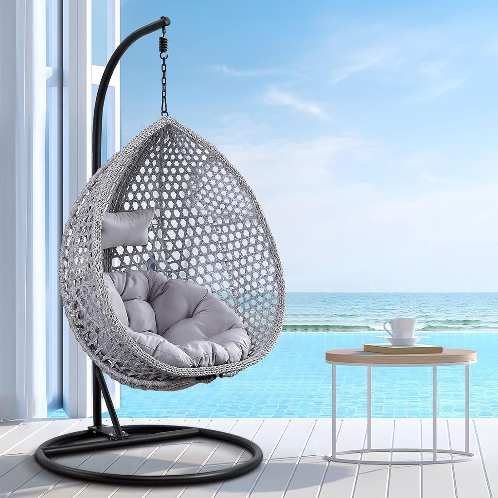 Hanging Egg Swing Chair with Stand, Rattan Wicker Hanging Egg Chair Hammock Indoor with Cushions, Swinging Chair for Bedroom Outdoor Patio Balcony Backyard Sunroom Heavy Duty 350LBS (Gray)