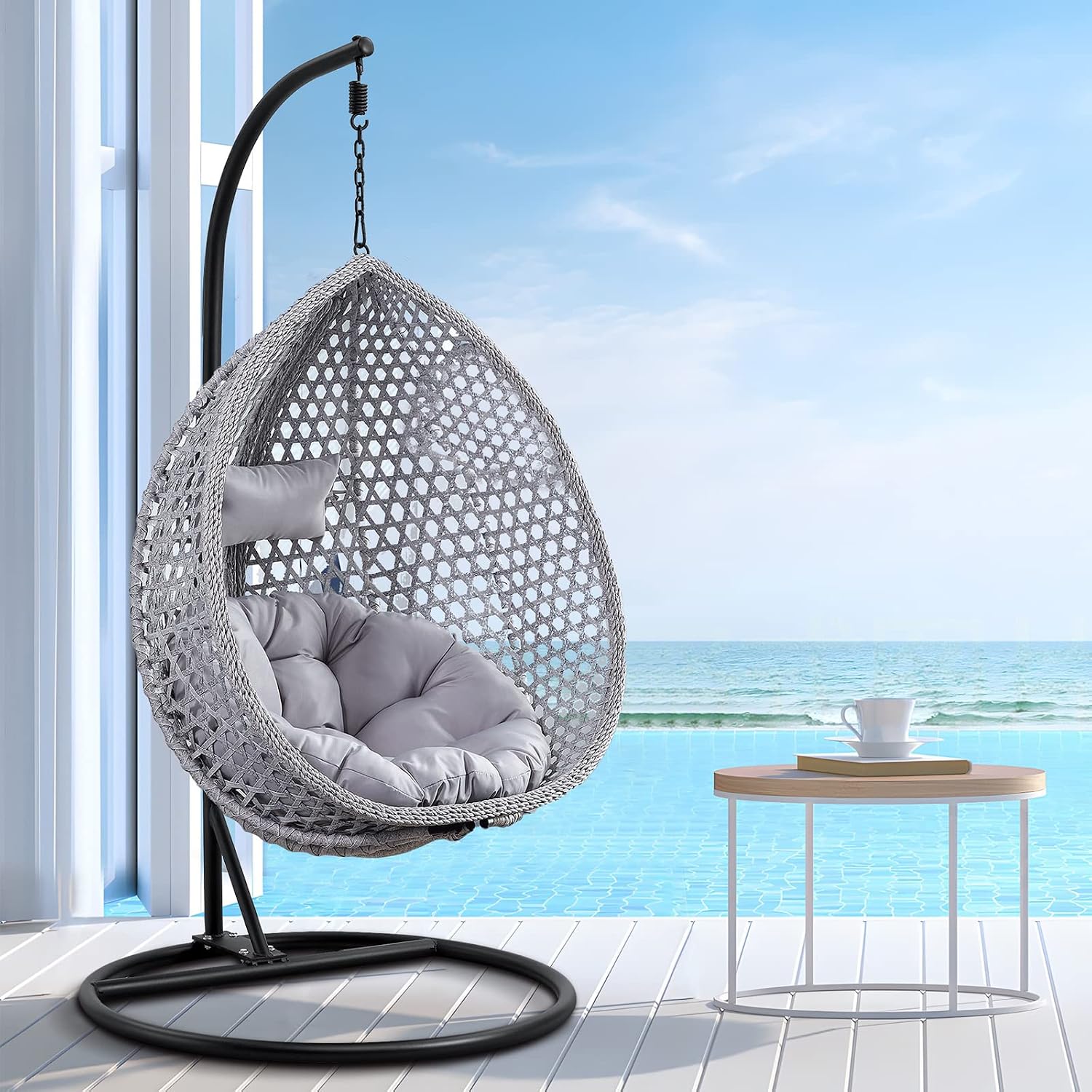 Hanging Egg Swing Chair with Stand, Rattan Wicker Hanging Egg Chair Hammock Indoor with Cushions, Swinging Chair for Bedroom Outdoor Patio Balcony Backyard Sunroom Heavy Duty 350LBS (Gray)