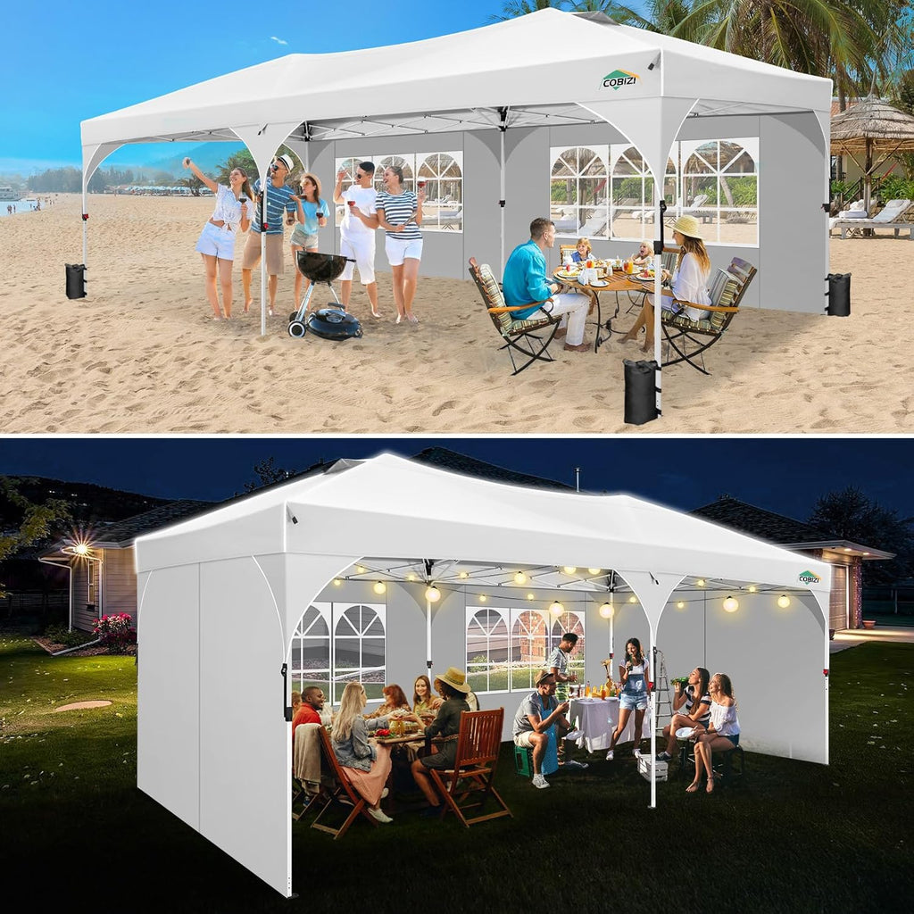 COBIZI 10x20 Pop Up Canopy Tent, Outdoor Party Tent with 4 Sidewalls, 1 Person Easy Set up, Tents for Parties with Fluorescent Strip & 4 Sandbags, Waterproof UPF50+, 3 Adjustable Height, White