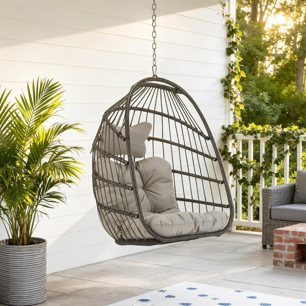 RADIATA Hanging Egg Chair Outdoor Without Stand, Weather-Resistant Wicker Rattan Swing with Cozy Cushion, 350Lbs Indoor Outdoor Eggshell Hammock Seat for Patio Porch Bedroom Balcony, Light Grey