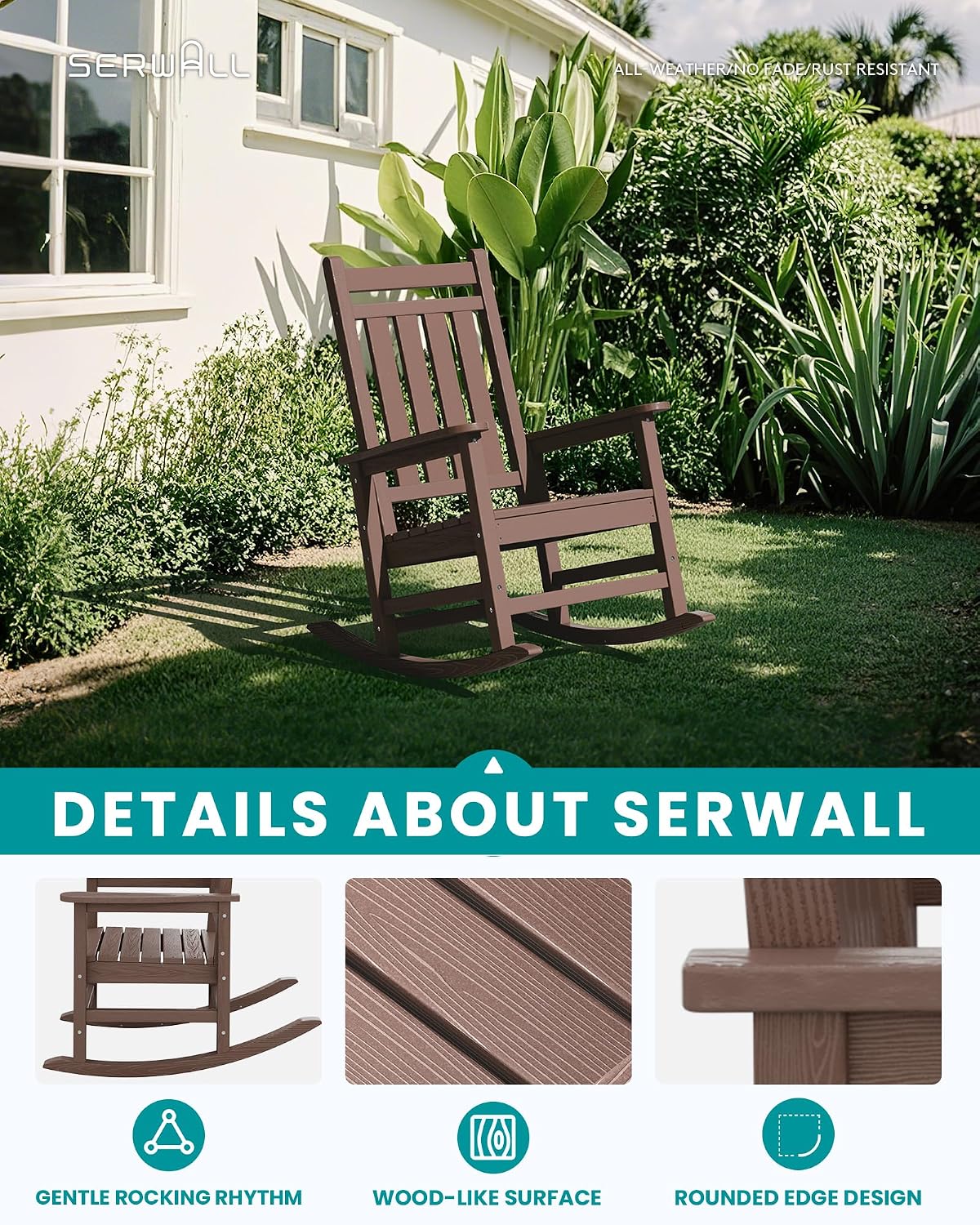 SERWALL Oversized Outdoor Rocking Chair Set of 2, HDPE Rocker for Adults, Patio Rocking Chairs for Porch, Brown