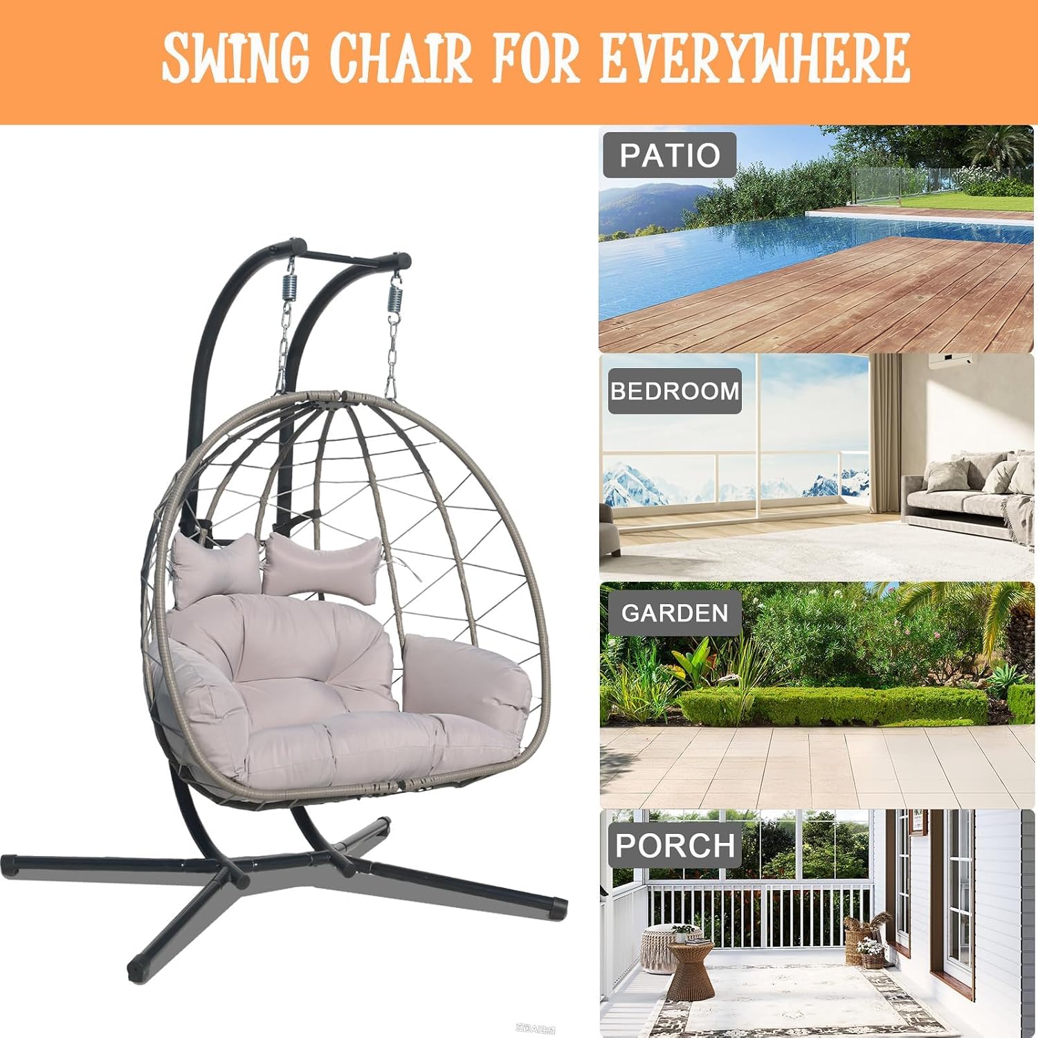 Double Egg Chair Outdoor, 2 Person Hanging Egg Chair with Stand, Patio Wicker Egg Swing Chair for Garden, Backyard, Balcony, 600Lbs Heavy Duty (Gray with Light)