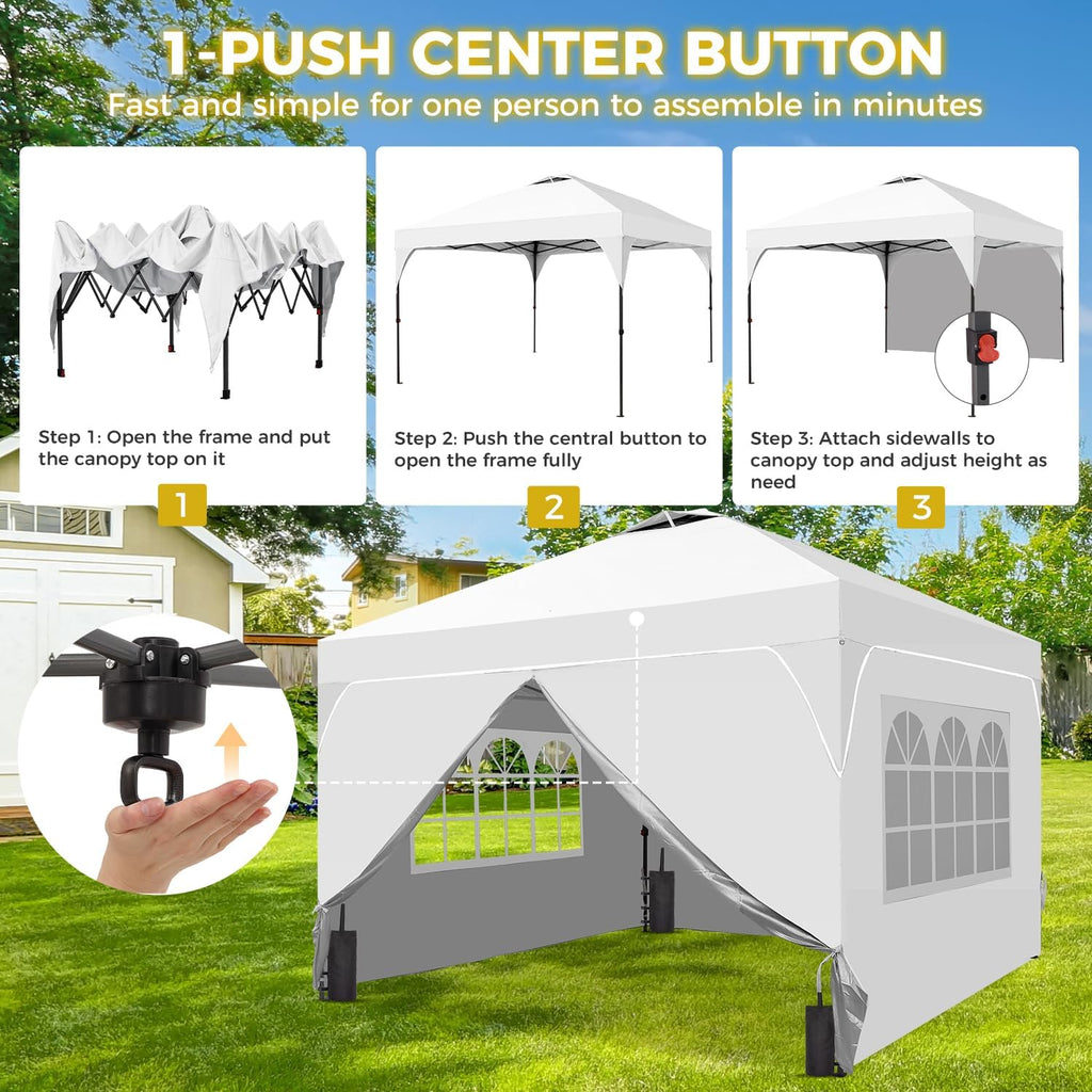 8x8 FT Pop Up Canopy with 1-Button Push, 4 Removable Sidewalls, Sandbags, Instant Canopy Tent for Outdoor Events