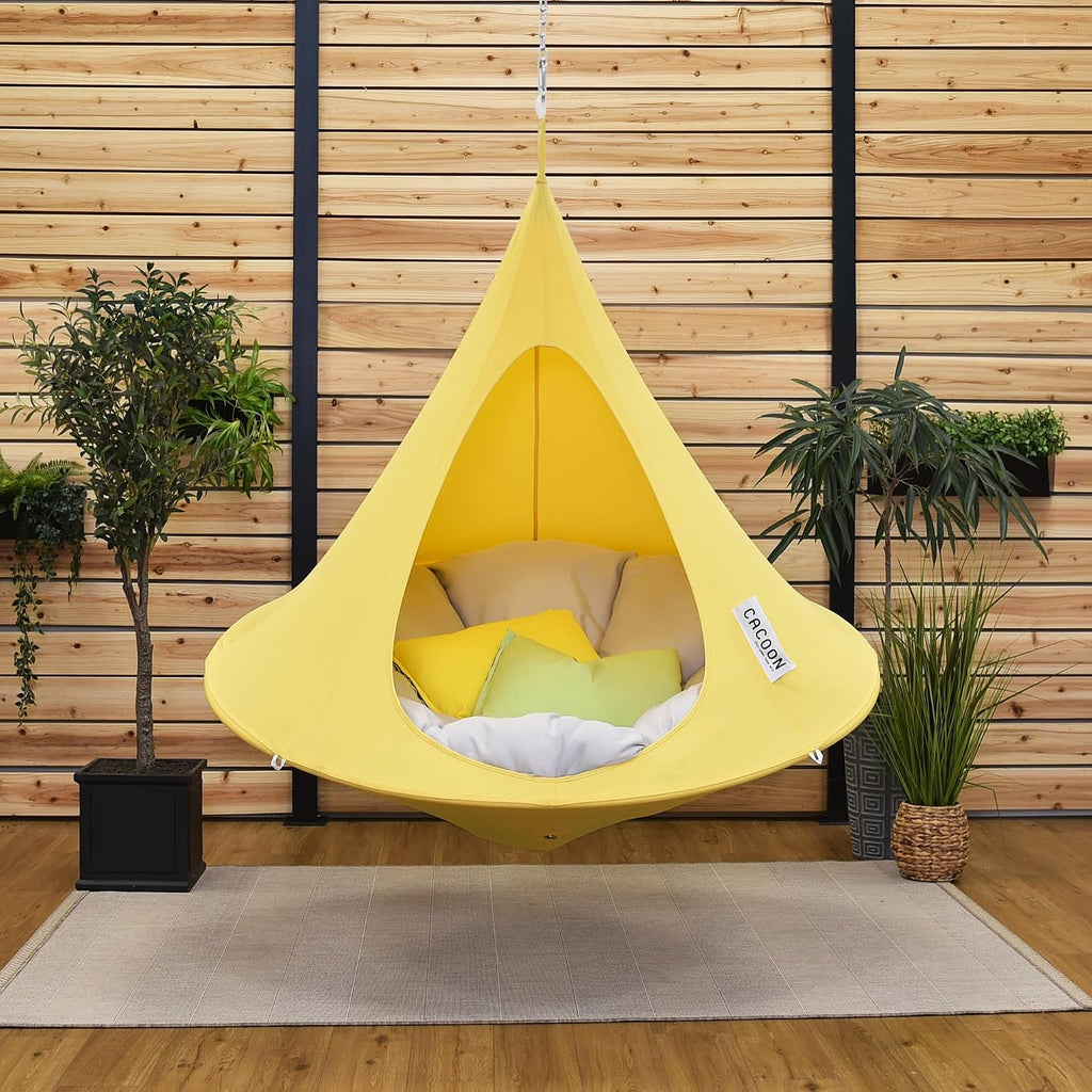 Single Cacoon Hanging Chair – Cozy Indoor/Outdoor Hammock with Polyester Canvas, 440 lb Capacity, Includes 18ft Rope & Carabiner (Lemonade)