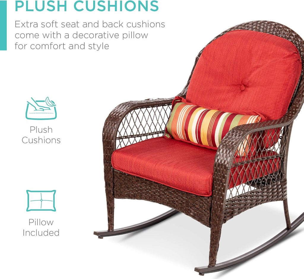 Best Choice Products Outdoor Wicker Patio Rocking Chair for Porch, Deck, Poolside w/Steel Frame, Weather-Resistant Cushions - Red