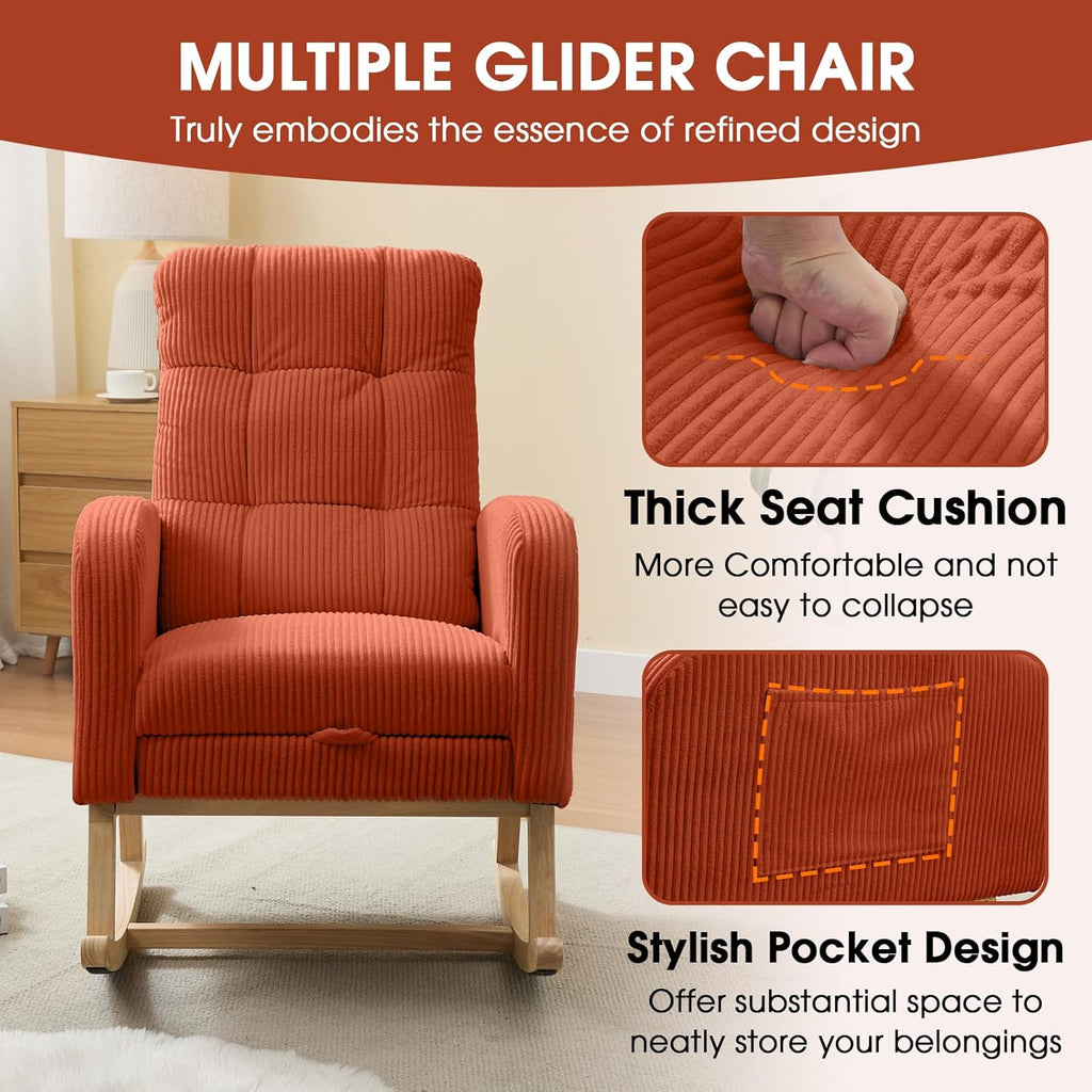 NIOIIKIT Nursery Rocking Chair, Corduroy Upholstered Rocking Chair with Adjustable Footrest, Tufted Rocker Chair with Side Pocket, Glider Rocker for Living Room, Bedroom (Orange Retro)