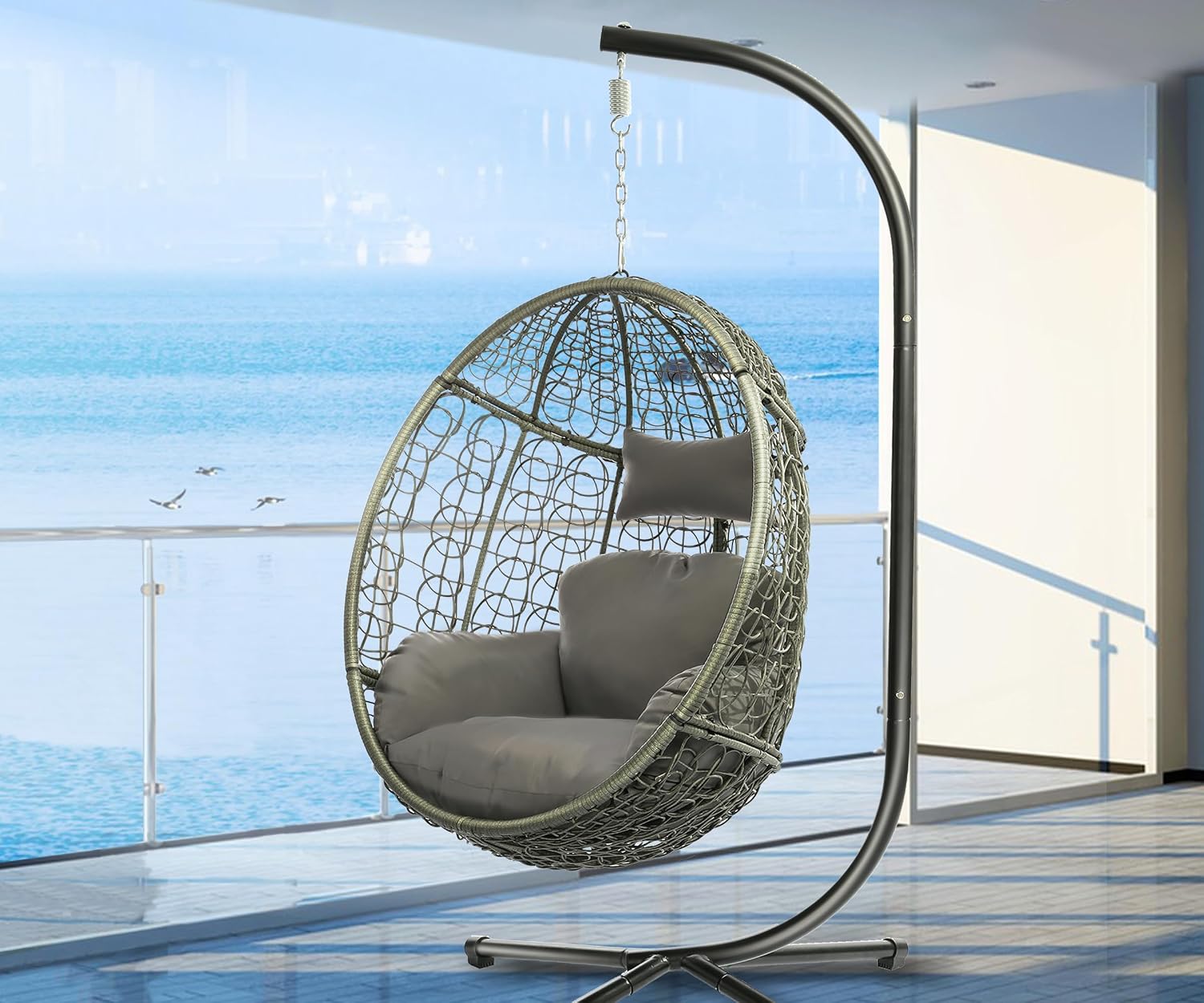 DoubleTT Indoor/Outdoor Egg Chair with Stand, Swing Hammock Hanging Chair Nest Basket, UV Resistant Removable & Washable Cushions,350LBS Capacity for Bedroom, Balcony, Garden