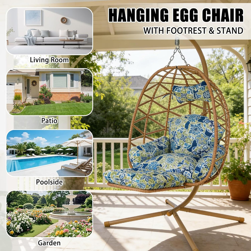 Hanging Egg Chair with Stand & Leg Rest,Rattan Wicker Swing Chair with Cushion,Patio Basket Hanging Chair Wicker Hammock Chair for Indoor Outdoor Bedroom Garden,300LBS (Yellow Rattan&Floral Cushion)