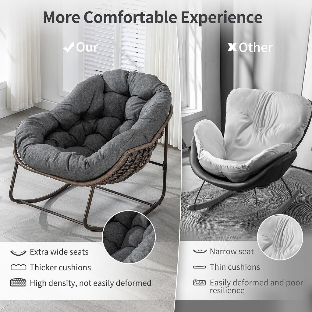 HOMEFUN Outdoor Patio Rocking Chairs Set of 2, Oversized Papasan Rock Chair Indoor with Padded Cushion - Rocker Egg Seat for Front Porch, Garden, Backyard Gray