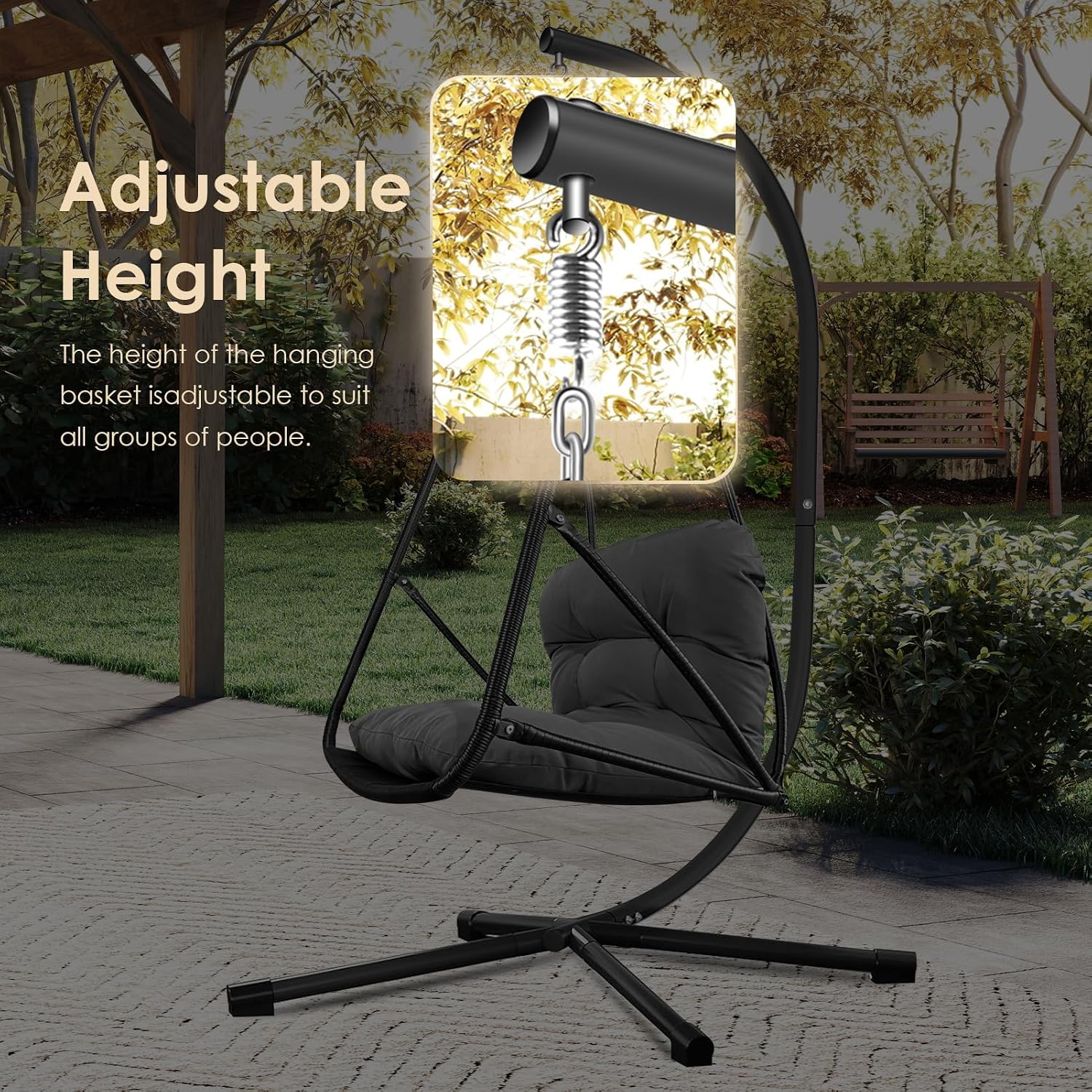 JESE Swing Egg Chair Foldable Frame Hanging Chairs, UV Resistant Waterproof Cushion and Cup Holder,Swing Hammock Chairs for Patio,Bedroom,Balcony, Garden-350lbs, Stand Included, Brown