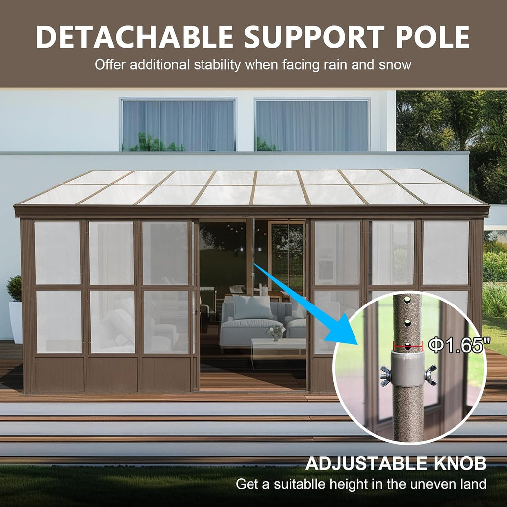 Domi Lean-to Sunroom 12x16FT, Wall Mounted Solarium with Sloping Polycarbonate Roof, Detachable Polycarbonate Screens, 2 Lockable Sliding Doors, Aluminum Gazebo Against Wall Sun Room for Patio Deck