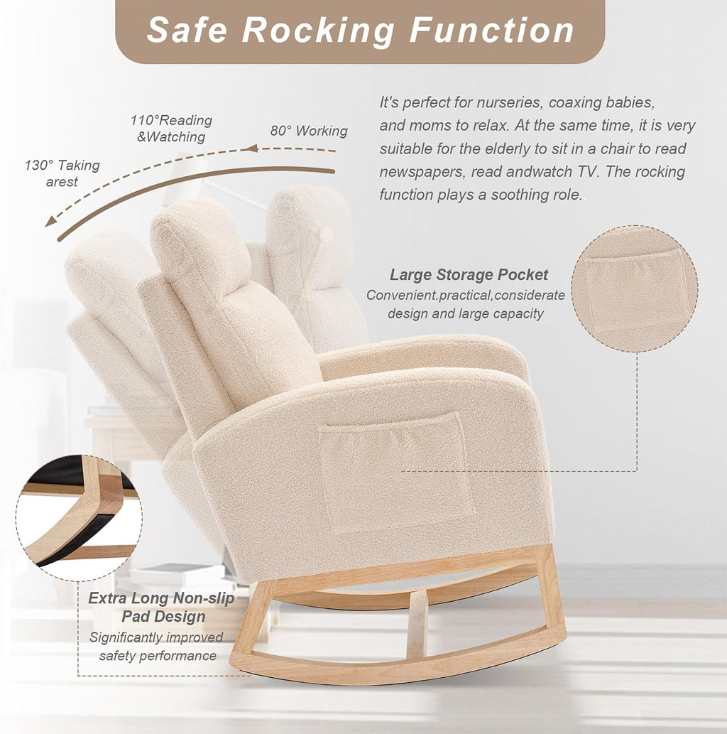 Nursery Rocking Chair with Solid Wood Legs, Glider Chair for Nursery with Side Pocket, Rocker Armchair for Living Room Bedroom (Beige, Teddy)
