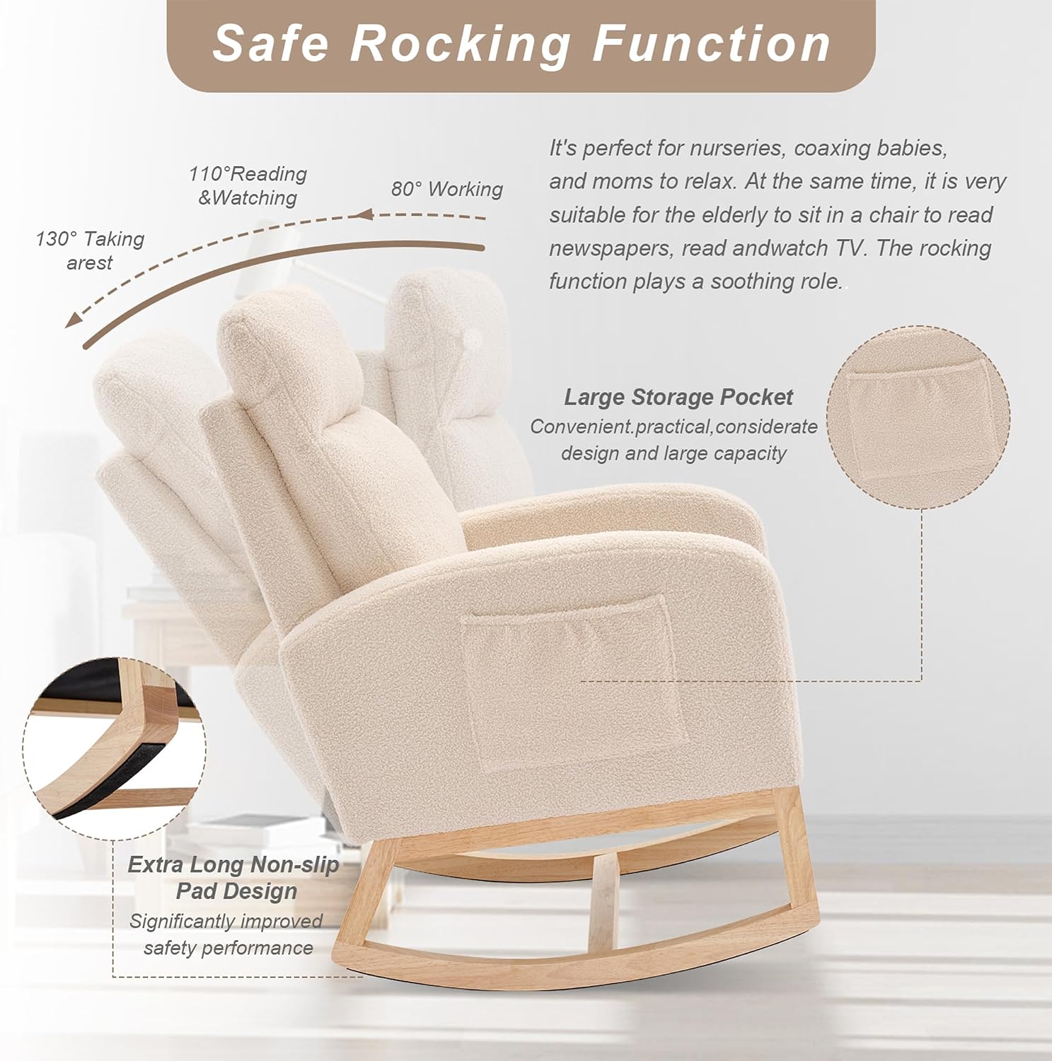 Nursery Rocking Chair with Solid Wood Legs, Glider Chair for Nursery with Side Pocket, Rocker Armchair for Living Room Bedroom (Beige, Teddy)