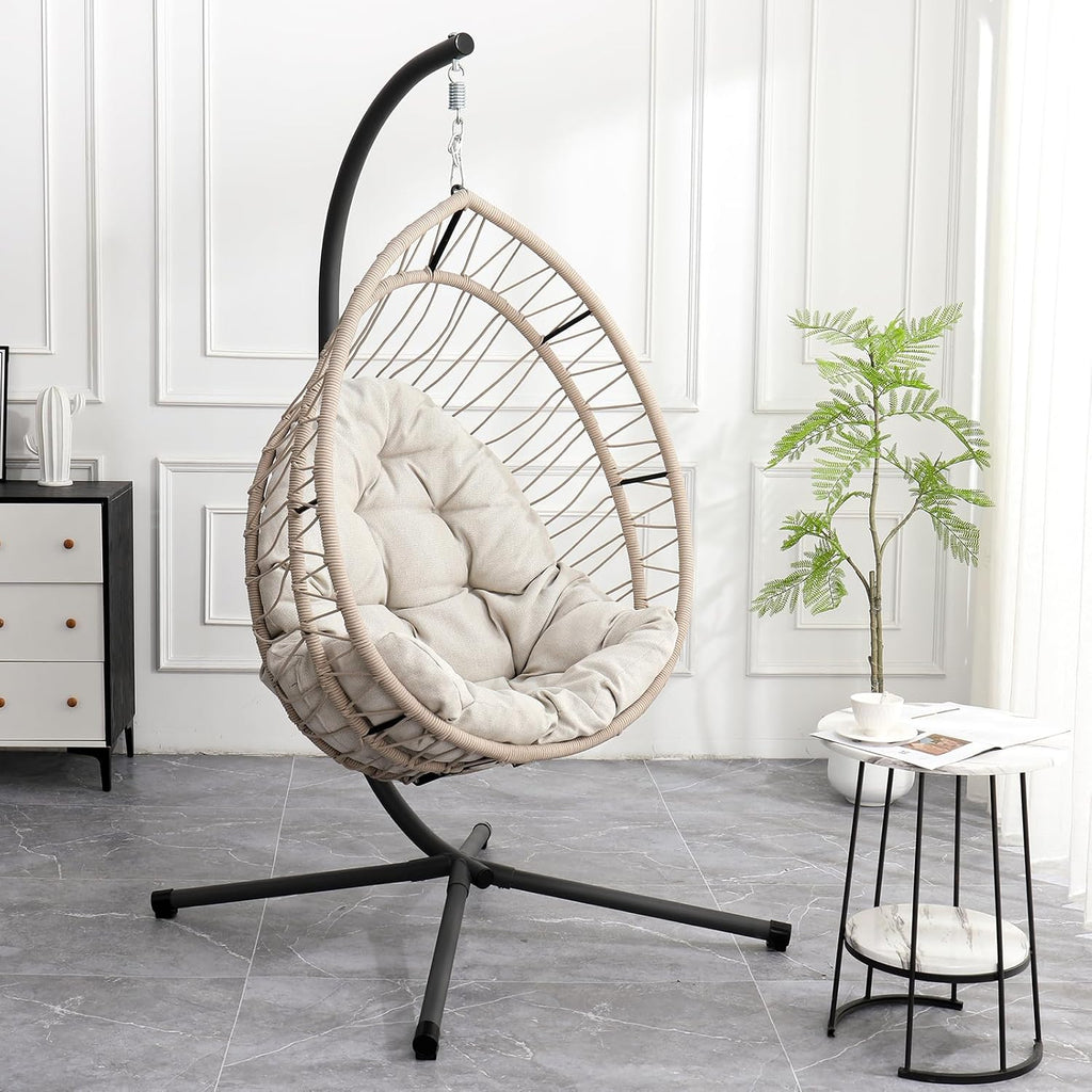 Hanging Egg Chair with Stand, Foldable Patio Hammock Egg Swing Chair Made by All-Weather Core-Spun Polyester Rope with Soft Cushion for Bedroom Garden Indoor Outdoor, 350Lbs Cap. (Grey)