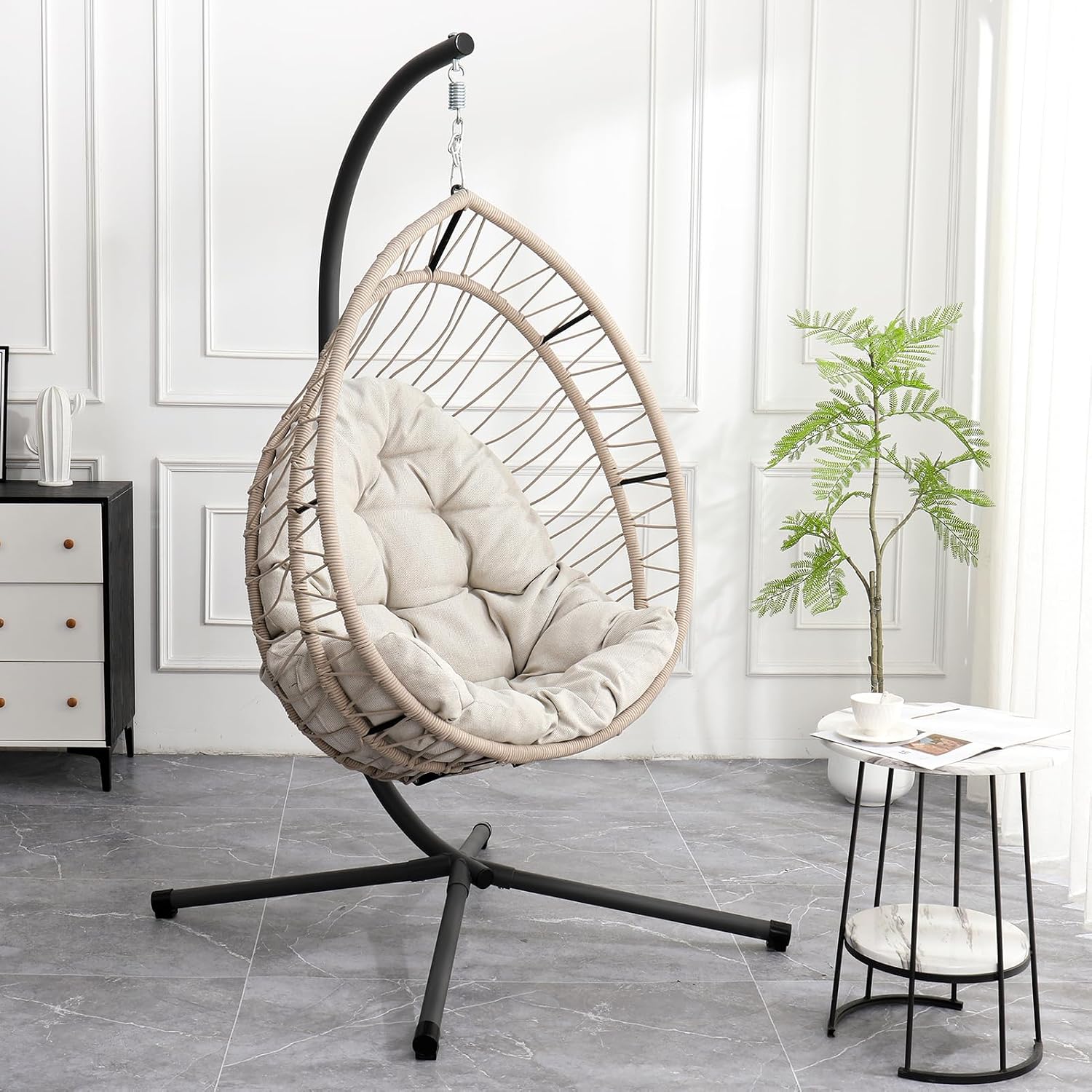 Hanging Egg Chair with Stand, Foldable Patio Hammock Egg Swing Chair Made by All-Weather Core-Spun Polyester Rope with Soft Cushion for Bedroom Garden Indoor Outdoor, 350Lbs Cap. (Grey)