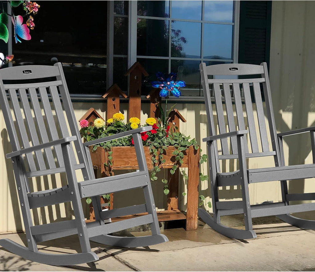 FUNBERRY Outdoor Rocking Chairs Set of 2, HDPE All Weather Poly Lumber Rocker, High Back Patio Rockers Easy Assembly