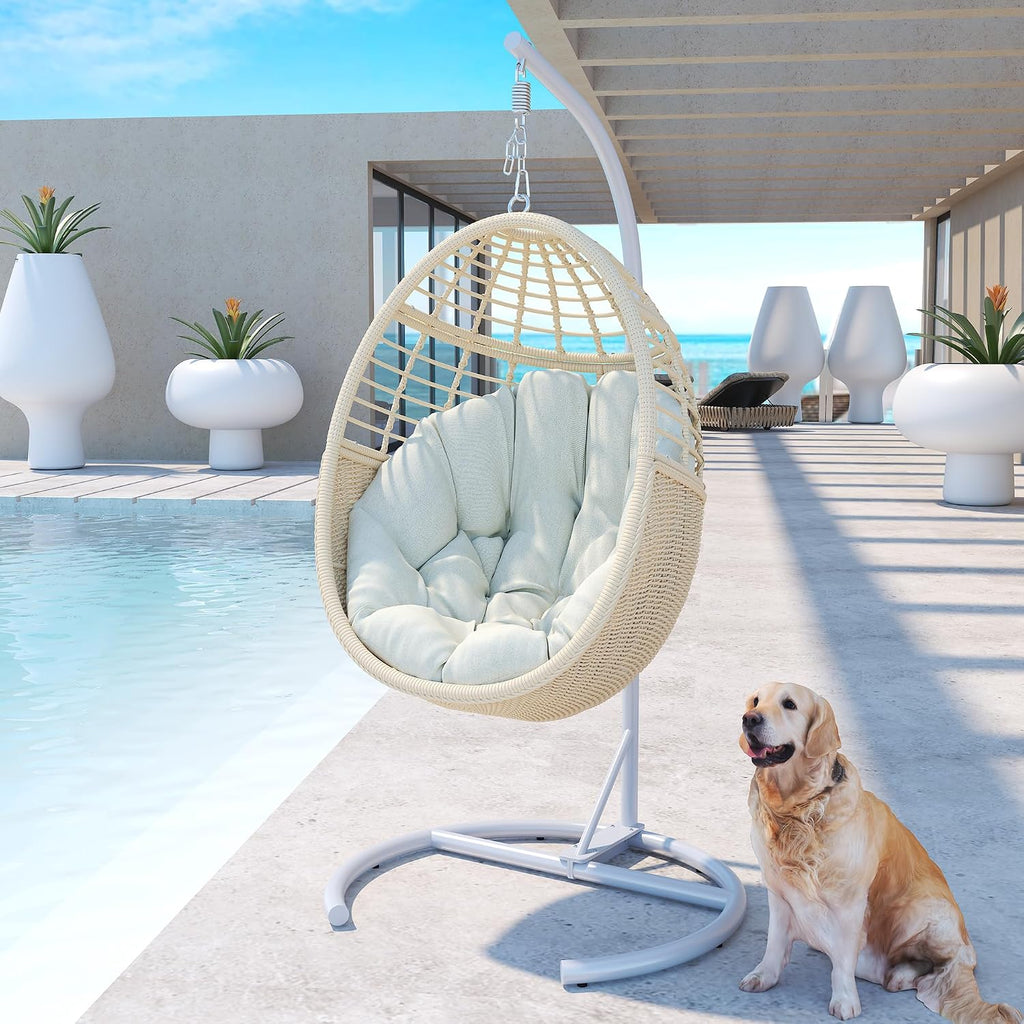 Egg Swing Chair with Stand: Hand Woven PE Rattan Hanging Chairs Hammock - Indoor Outdoor Swinging Lounger with Soft Cushion for 330lbs Patio Balcony Garden Living Room Bedroom Porch, Beige