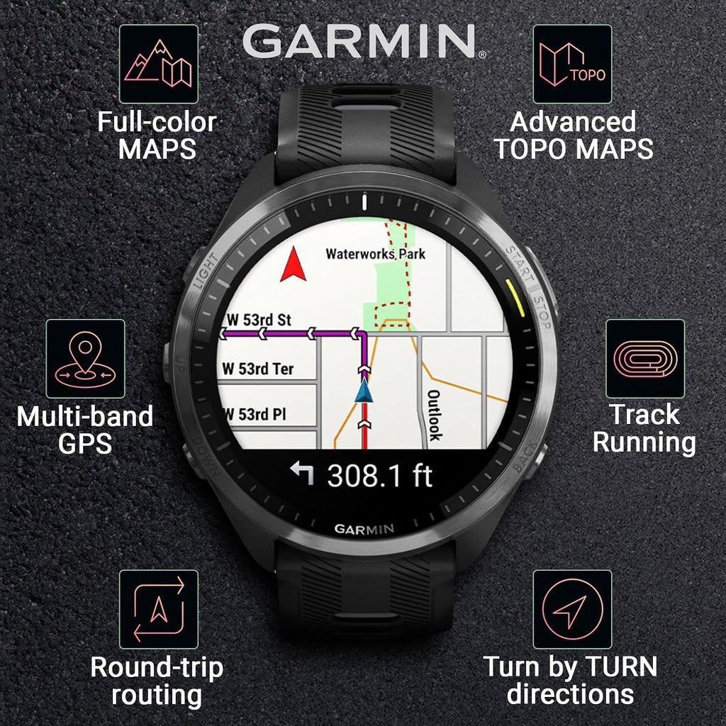 Garmin Forerunner 965 Premium GPS Running and Triathlon 47mm Smartwatch with AMOLED Touchscreen Display, Carbon Gray DLC Titanium Bezel with Black Silicone Band with Black Earbuds.