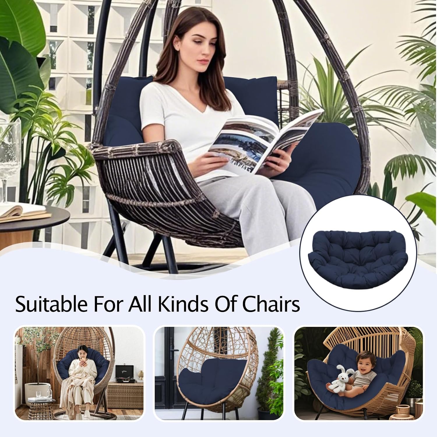 Thickened Waterproof Papasan Rocking Chair Cushion – 6.3'' Patio Egg Chair Pad with Ties, Outdoor/Indoor Rattan Hammock Chair Cushion for Porch, Garden, Balcony (Only Cushion) (Navy Blue)