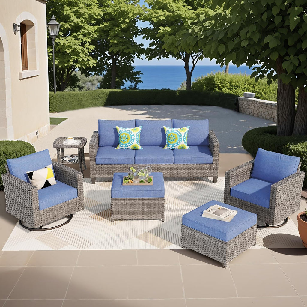 ovios 6-Pieces Patio Furniture Set, Outdoor Wicker Sofa Couch with Swivel Glider Chairs Comfy Cushions, Modern Conversation Set for Backyard Porch, Denim Blue