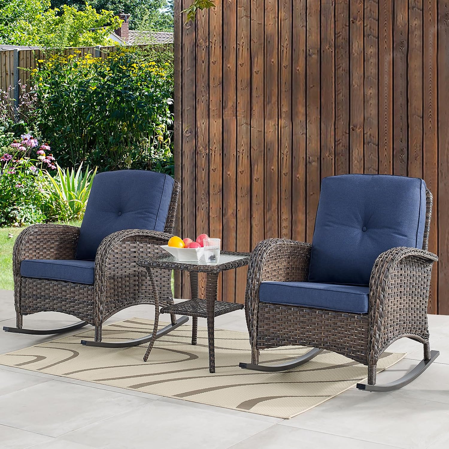 Belord Patio Wicker Furniture with Rocking Chairs Loveseat, 5 Piece Rattan Furniture Outdoor Table and Rocking Chairs Set for Patio Deck Porch Backyard Brwon/Blue