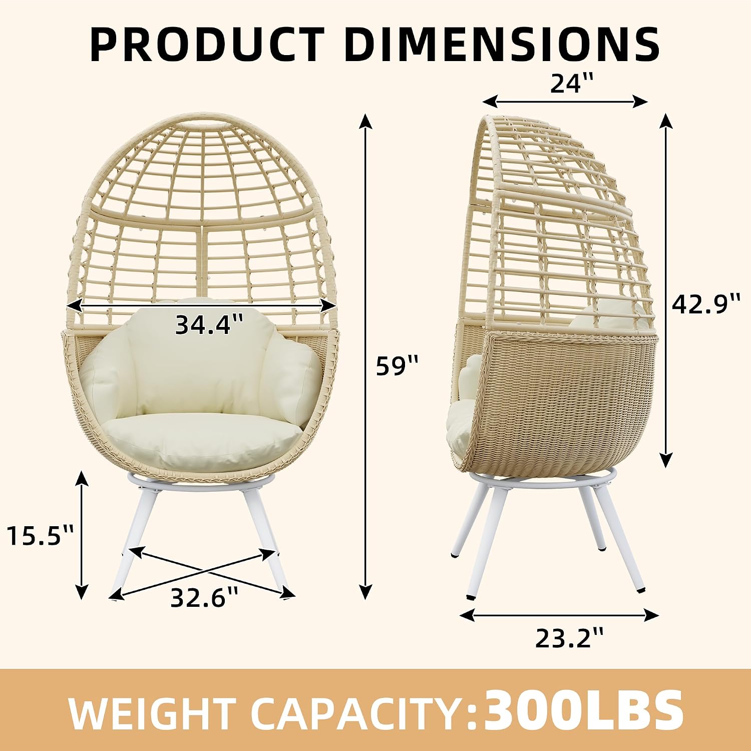 TWT Egg Swivel Chair Beige Outdoor - Rattan Wicker Patio Hammock Chair with Metal Frame and UV Resistant Cushion for Indoor Bedroom Balcony (Swivel Base)
