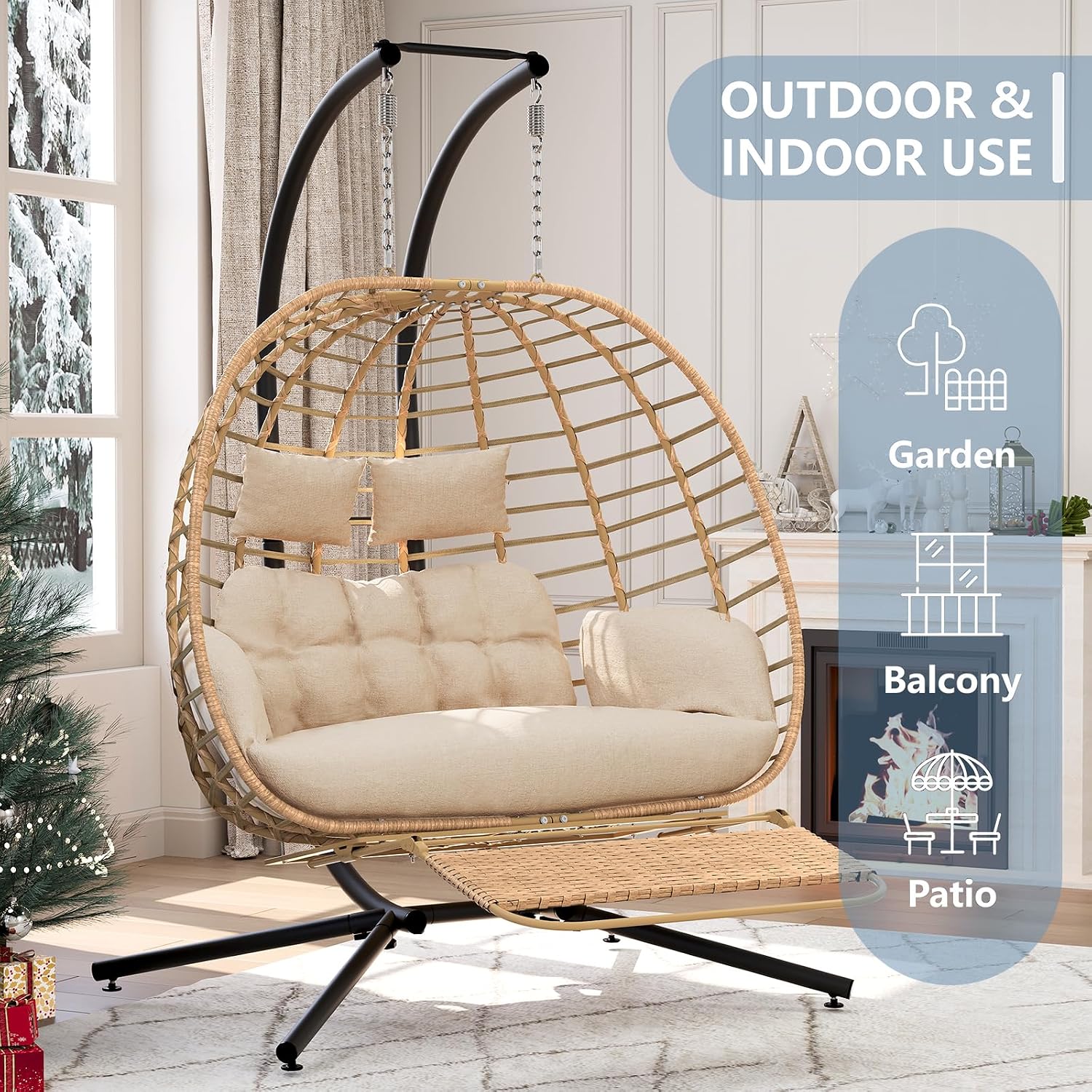 SWITTE Double Hanging Egg Chair with Stand & Footrest, Outdoor Patio 2 Person Wicker Hammock Swing Chairs with Cushion for Indoor Bedroom, Lawn, Garden-Natural