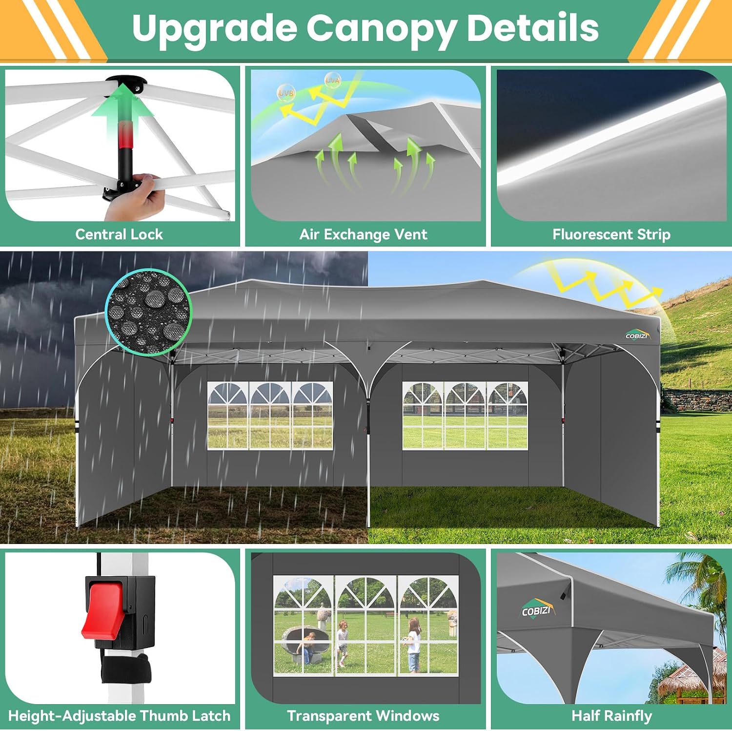 COBIZI 10x20 Pop Up Canopy Tent, Outdoor Party Tent with 4 Sidewalls, 1 Person Easy Set up, Tents for Parties with Fluorescent Strip & 4 Sandbags, Waterproof UPF50+, 3 Adjustable Height, Gray