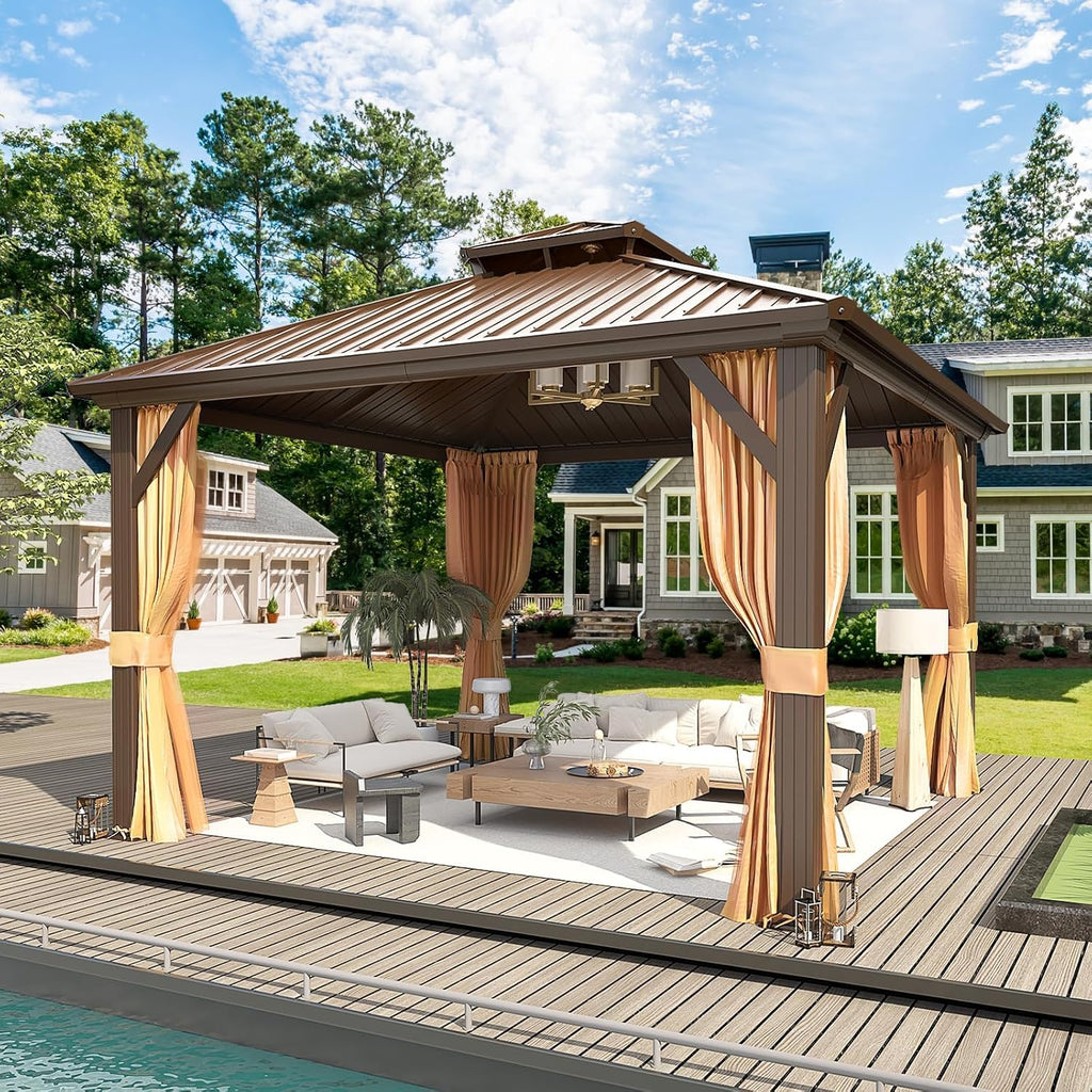 MELLCOM 12'x12' Hardtop Gazebo, Metal Double Roof Aluminum Gazebos with Curtain and Netting,Brown Permanent Galvanized Steel Pavilion for Patio, Lawn & Deck