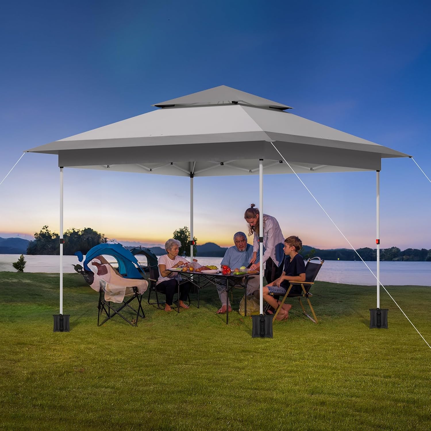 TLSUNNY 13X13 Pop Up Canopy Tent, Camping Shader W/Overhanging Eaves & Sand Bag, Outdoor Gazebo Shelter W/One Push Setup & Wheeled Bag, Height Adjustable, for Patio, Market, Party (Grey, 13FTX13FT)