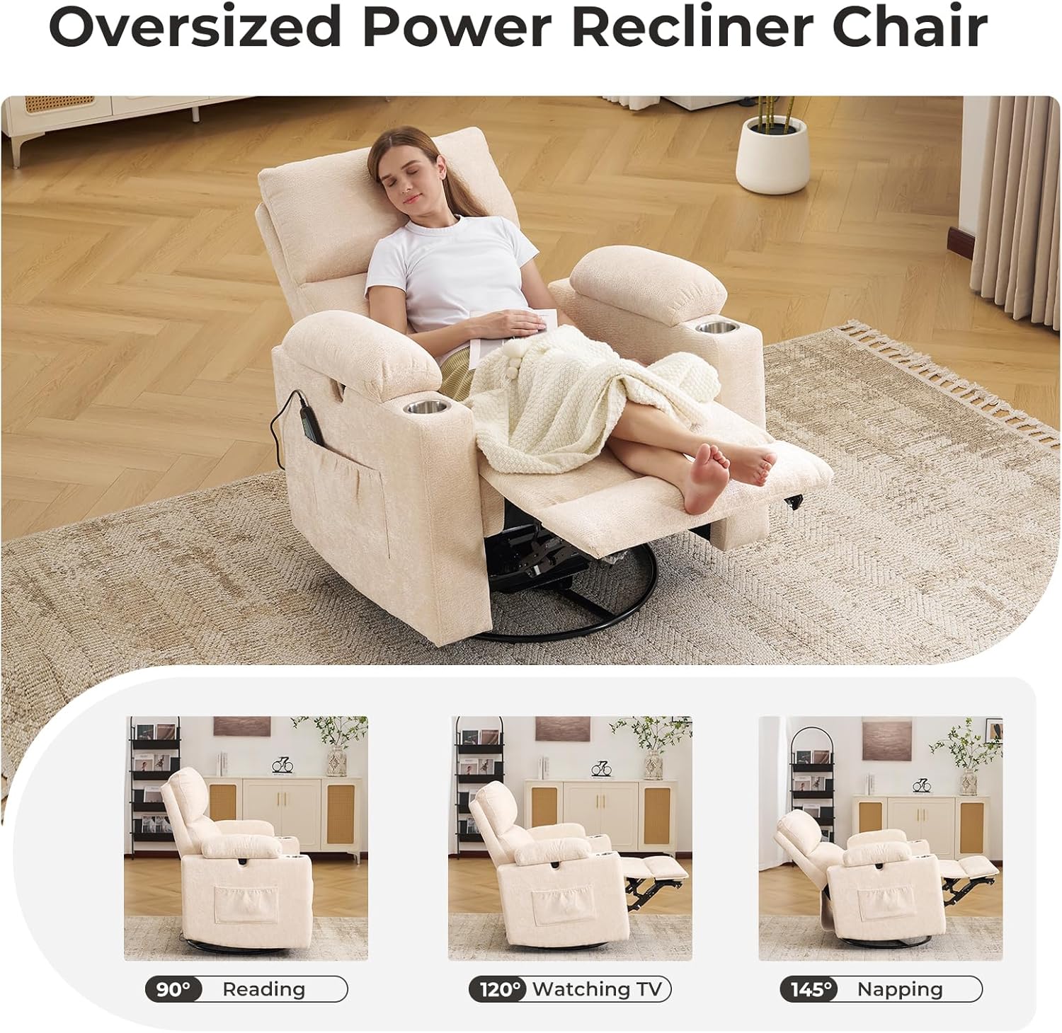 Rocking Chair Nursery with Adjustable Armrests, Electric Glider Recliner Nursing Chair for Breastfeeding with Ottoman, Power Swivel Recliner Chairs with Massage and Heat, Beige
