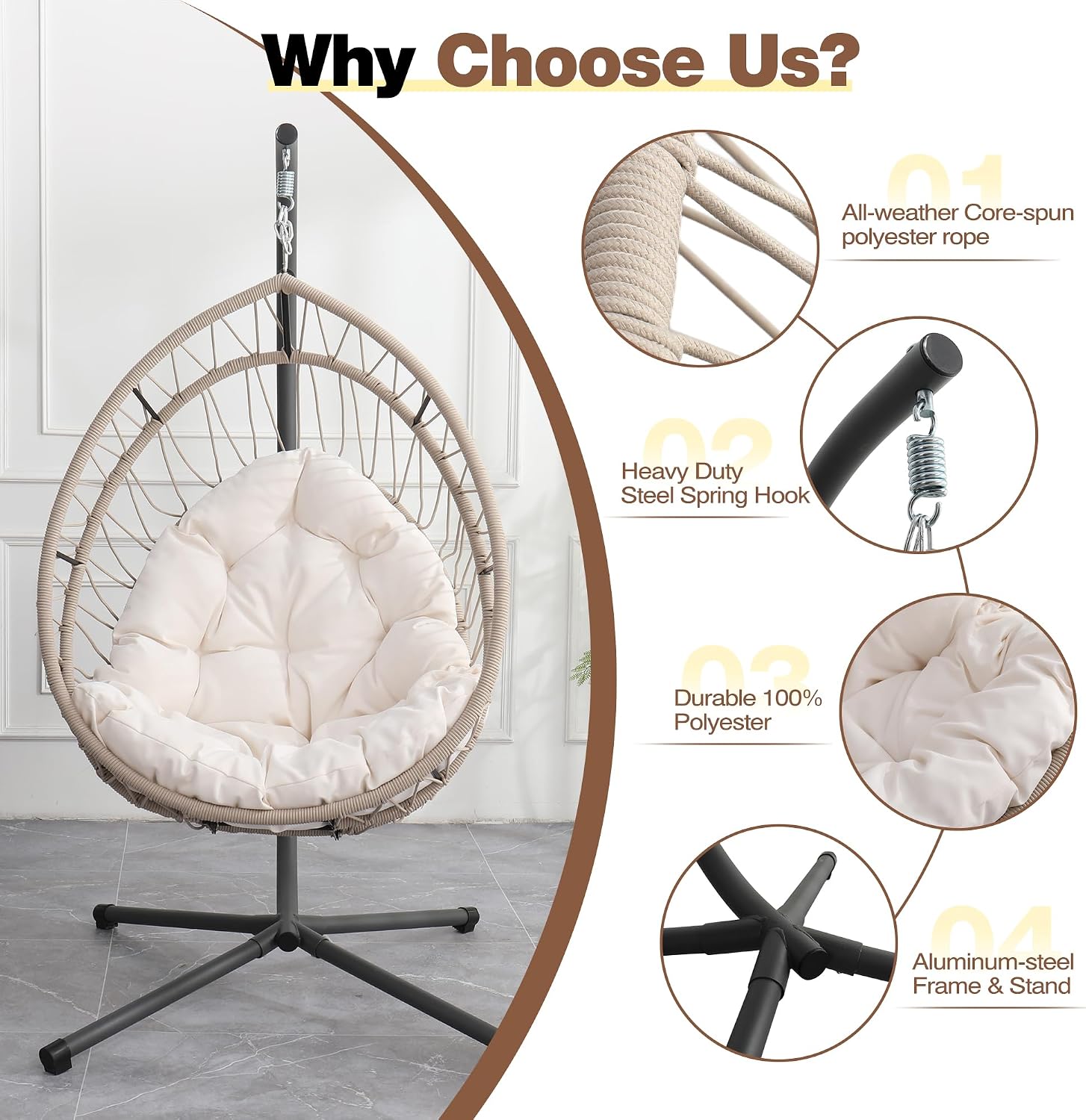 Hanging Egg Chair with Stand, Foldable Swing Hammock Chair, All-Weather Core-Spun Polyester Rope, Yarn-Dyed Cushion, 350LBS, Indoor Outdoor Patio Balcony (White Cushion)