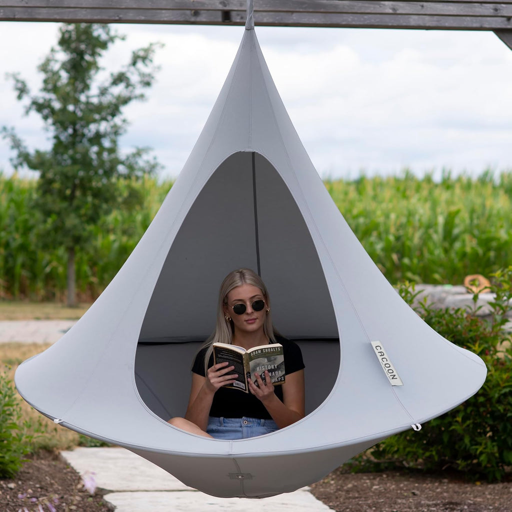 Double Cacoon Hanging Chair for Two – Cozy Indoor/Outdoor Hammock with Polyester Canvas, 440 lb Capacity, Includes 18ft Rope & Carabiner (Moon River)