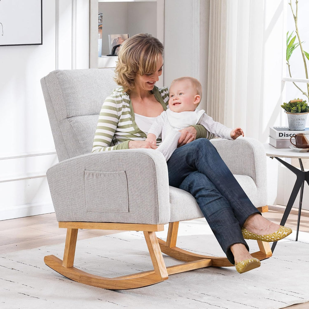 HCHAIRH Rocking Chair Nursery, Nursing Rocking Chairs, Upholstered Nursery Glider Rocker for Mom Nursery Morden Rocking Chair with Side Pocket for Living Room,Bedroom，Light Gray