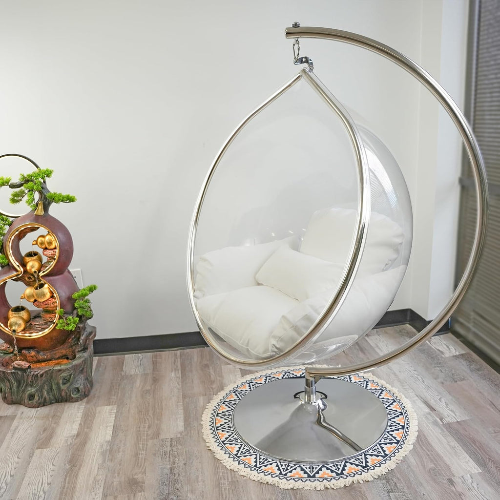 Hanging Chair - Transparent Acrylic Bubble, Waterdrop Shape, Indoor Swing Chair with Gold/Chrome Stand, Durable Fabric Cushion - Luxury Accent for Living Room, Bedroom (Chrome/White)