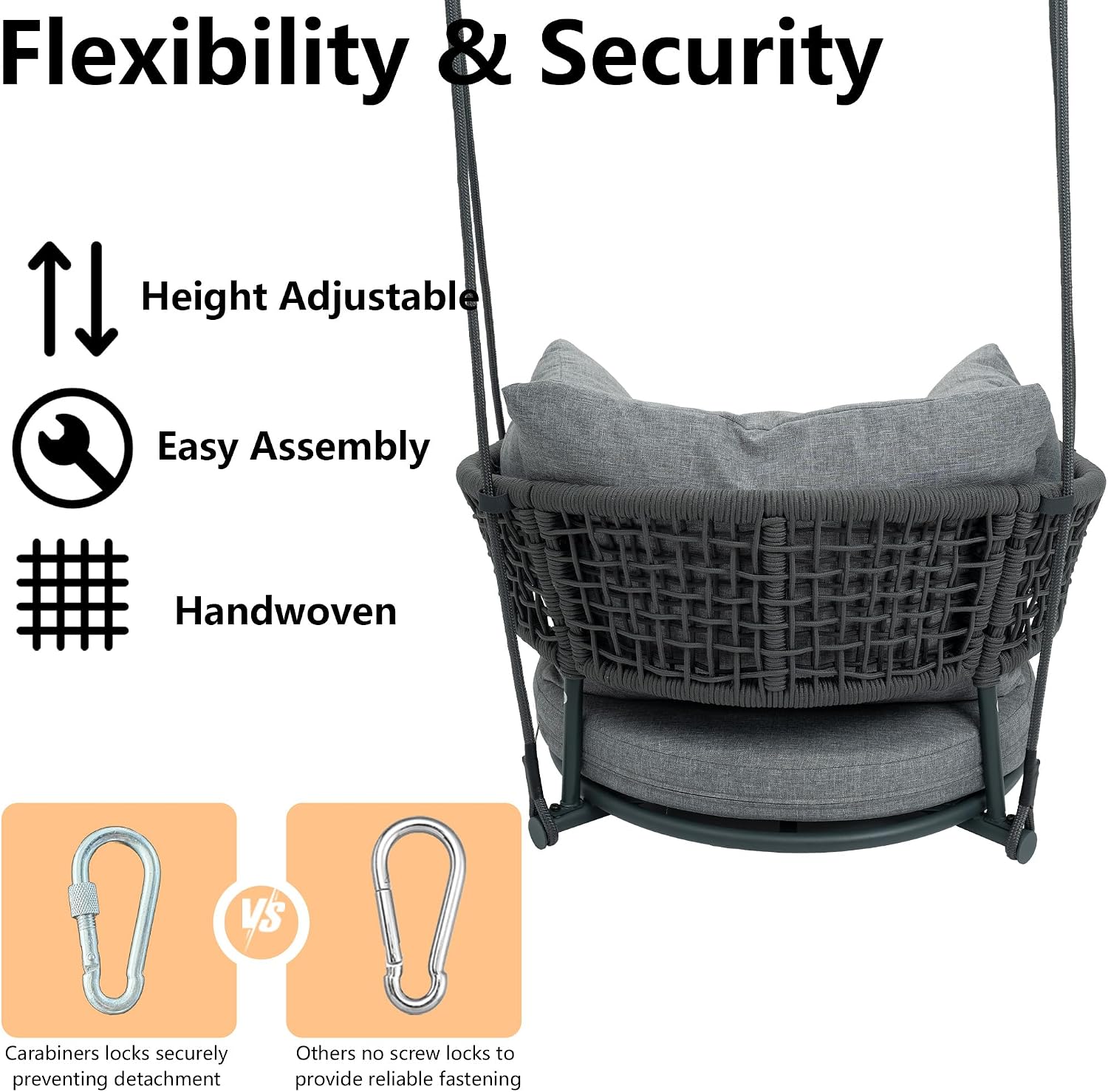 Single Seater Porch Swing, Macrame Hanging Swing Chair Outdoor, Hammock Chairs for Adults, Outdoor Patio Swings with Cushions, Rope Rattan Hanging Chairs, Reading Nook Chair for Bedroom, Grey